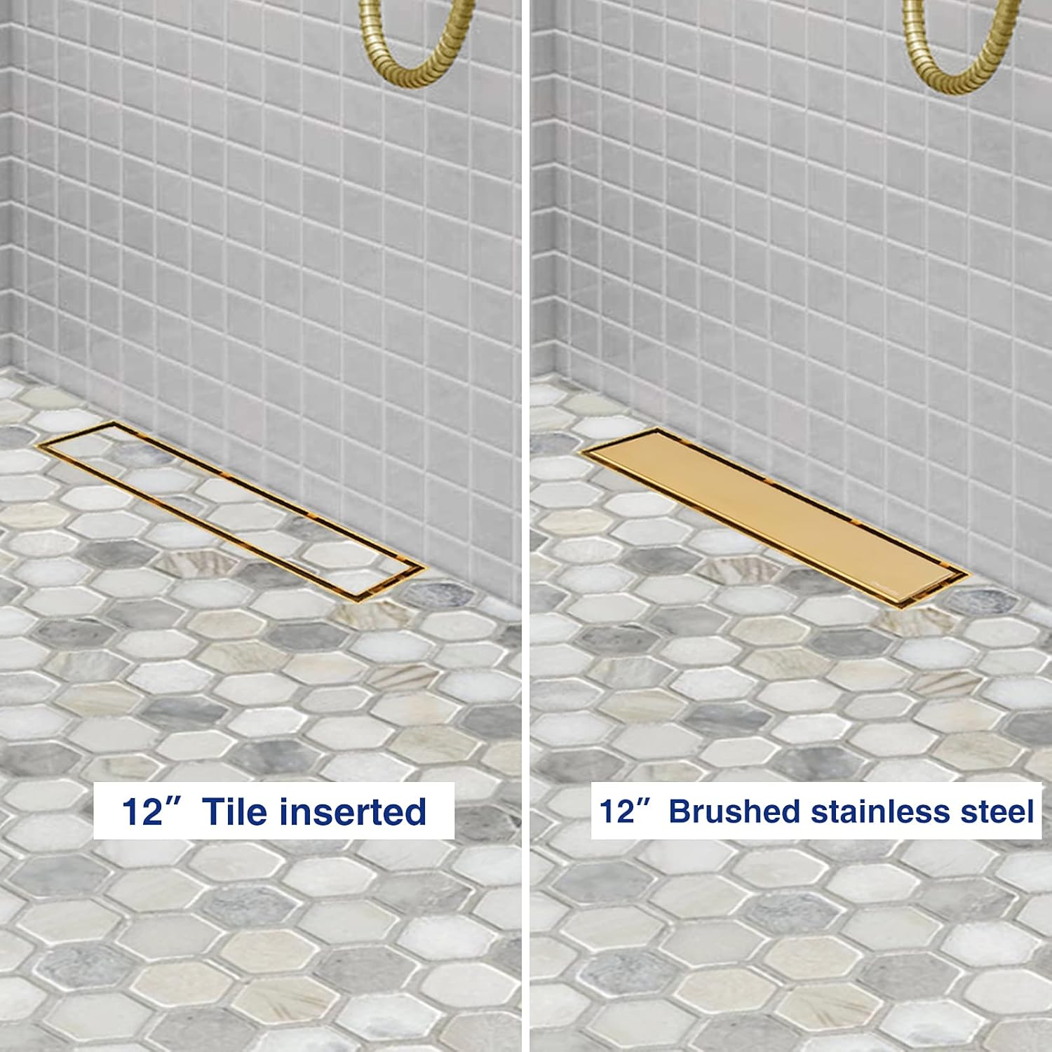 Neodrain 12-Inch Gold Linear Shower Drain, 2-in-1 Flat & Tile Insert Cover, Stainless Steel Linear Drain, Brushed Brass Rectangle Shower Floor Drain with Hair Strainer, Watermark&CUPC Certified - Image 2