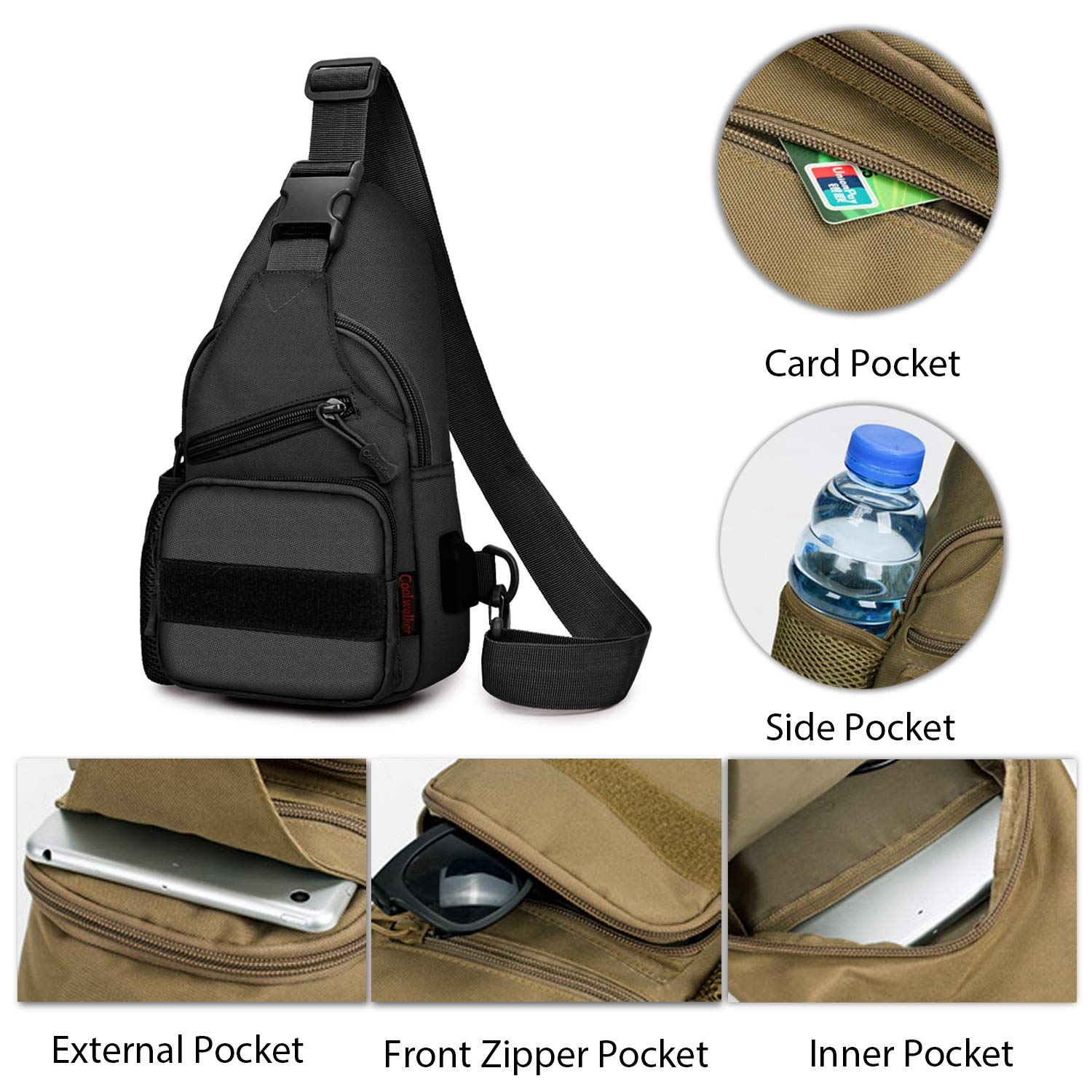 FANDARE Taktyczna wojskowa torba na ramię plecak na klatkę piersiową, plecak crossbody, torba na ramię, sprzęt wojskowy, do jazdy na rowerze, kempingu, jazdy konnej, polowania, wędrówek, z portem