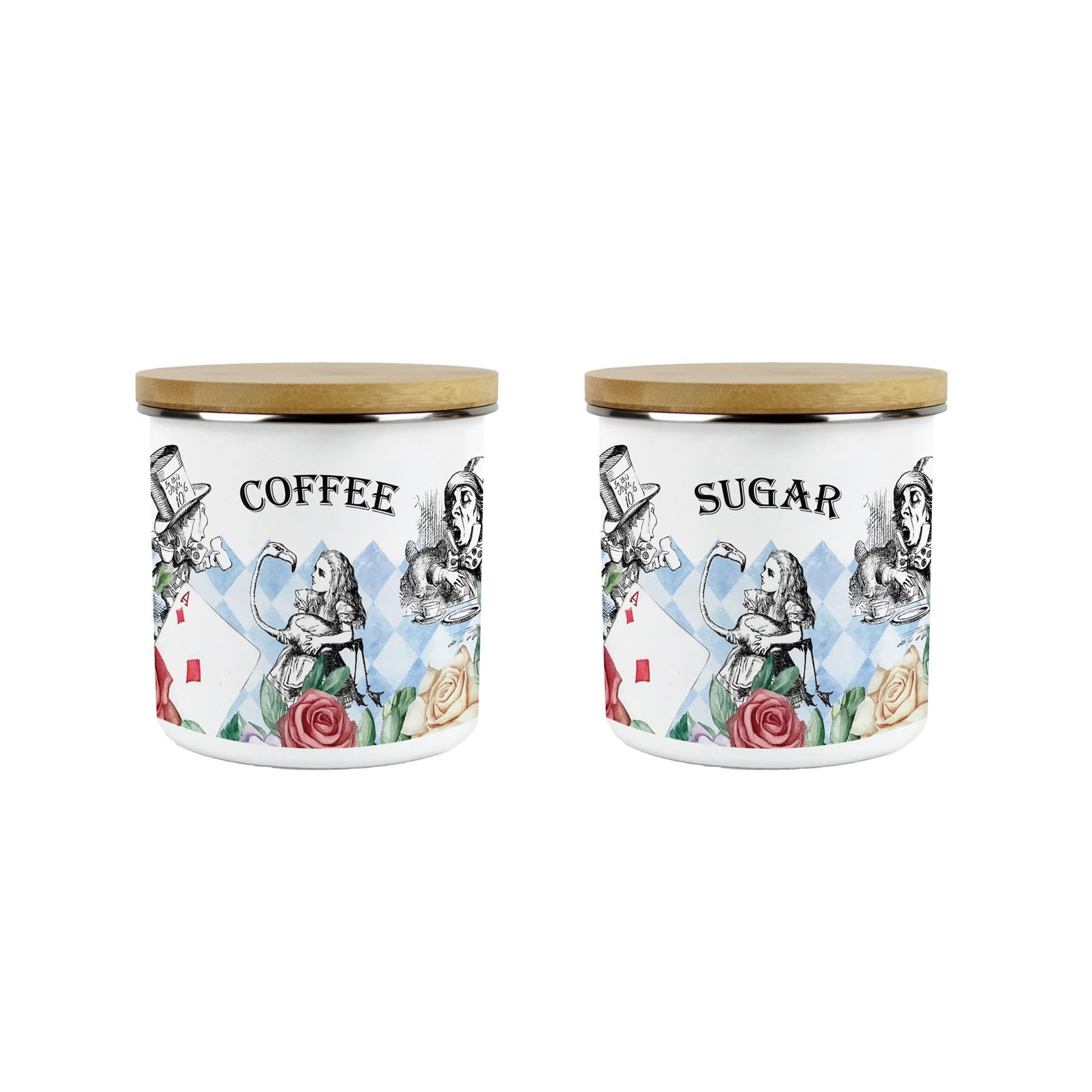 Purely Home Cs Alice's Adventures In Wonderland Coffee & Sugar Canisters Set - Cartoon Characters White Rabbit Hatter Kitchen Gifts - Medium Metal Enamel Storage Containers 2 Pack