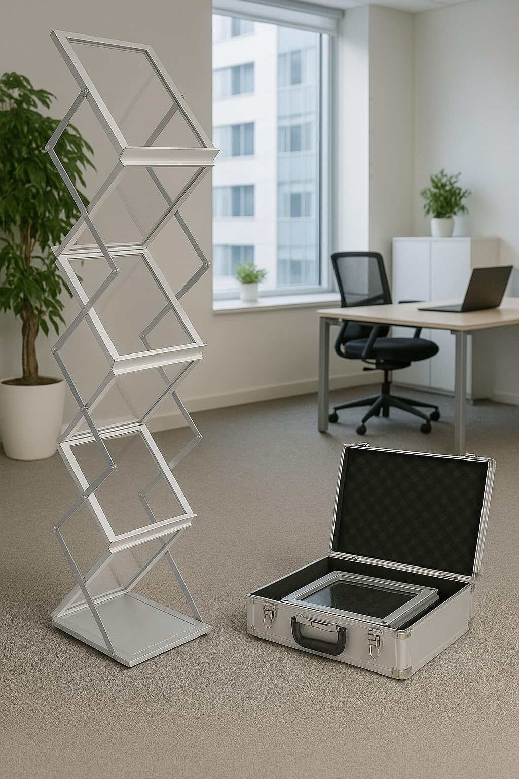 Soporte para Folletos DIN A4 con Maletín de Transporte - Soporte Plegable de Acrílico, Ideal como Porta Folletos, Expositor de Revistas, Soporte para Menús - 38x26x145 cm