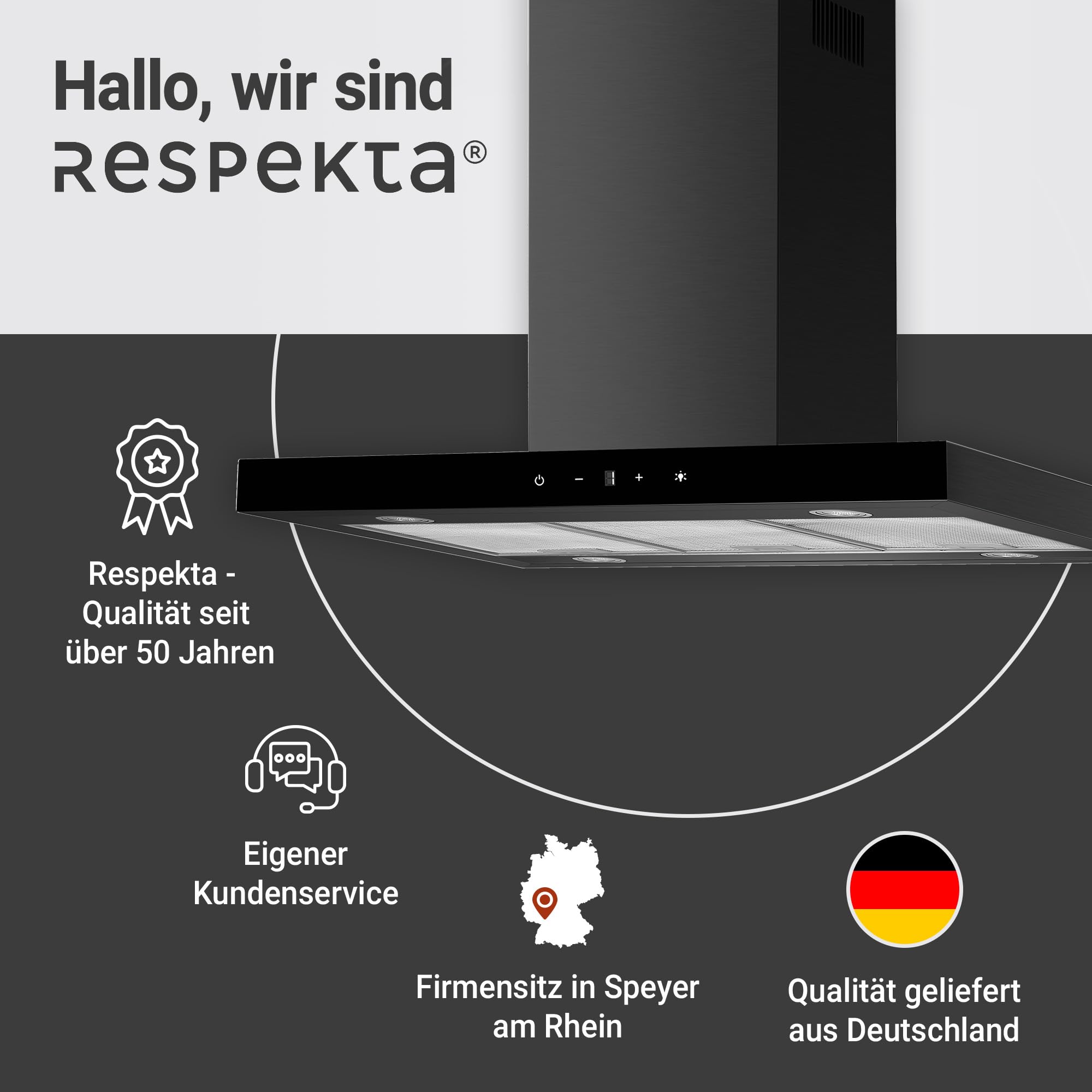 Respekta Cara Inselhaube 90 cm Schwarz-Matt Glasfront Touch Control 9 Leistungsstufen A+