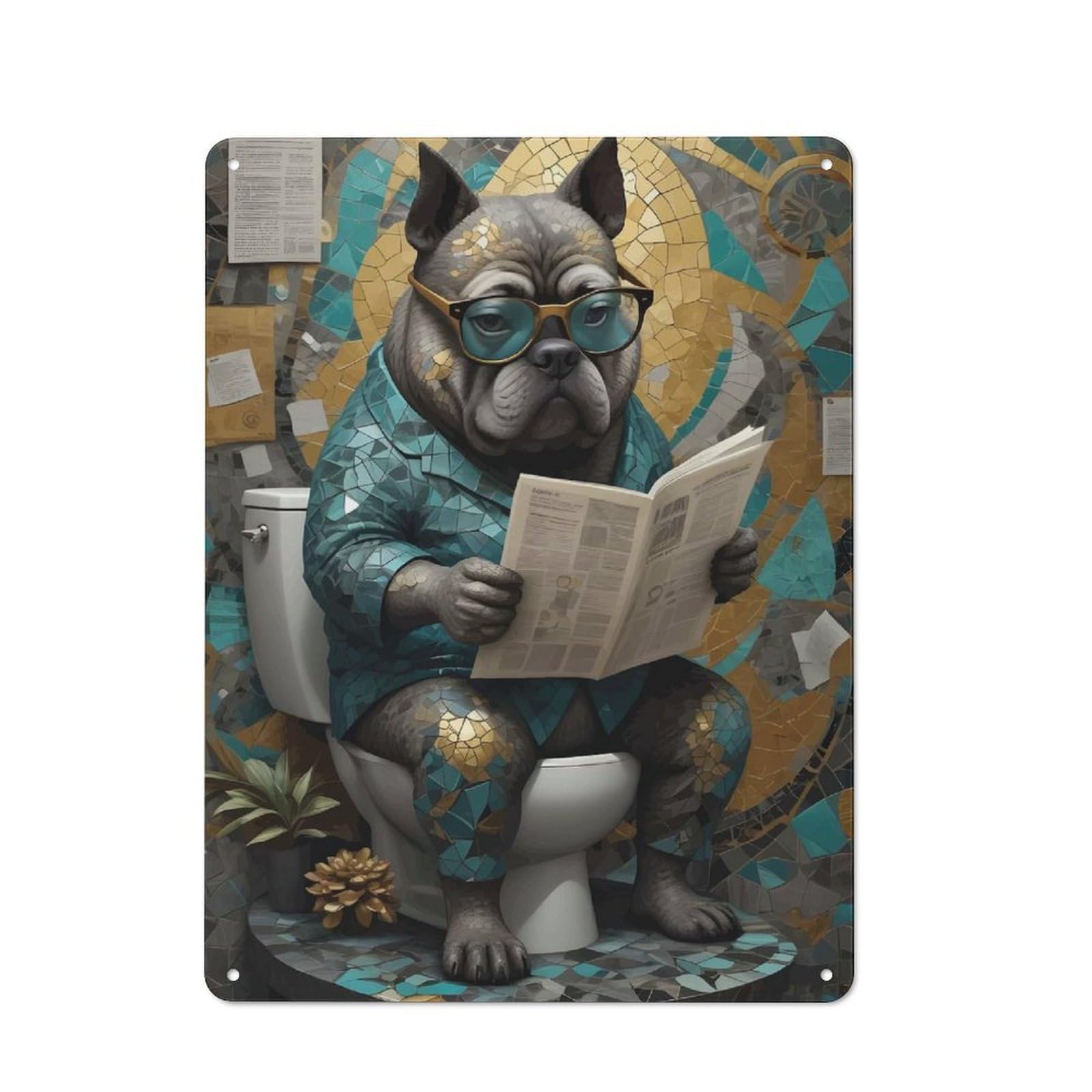 Fat Dog Toilet Metal Wall Plaque 40x30cm, Simple Retro Office Wall Decor for Office, Study, Studio Or Hallway