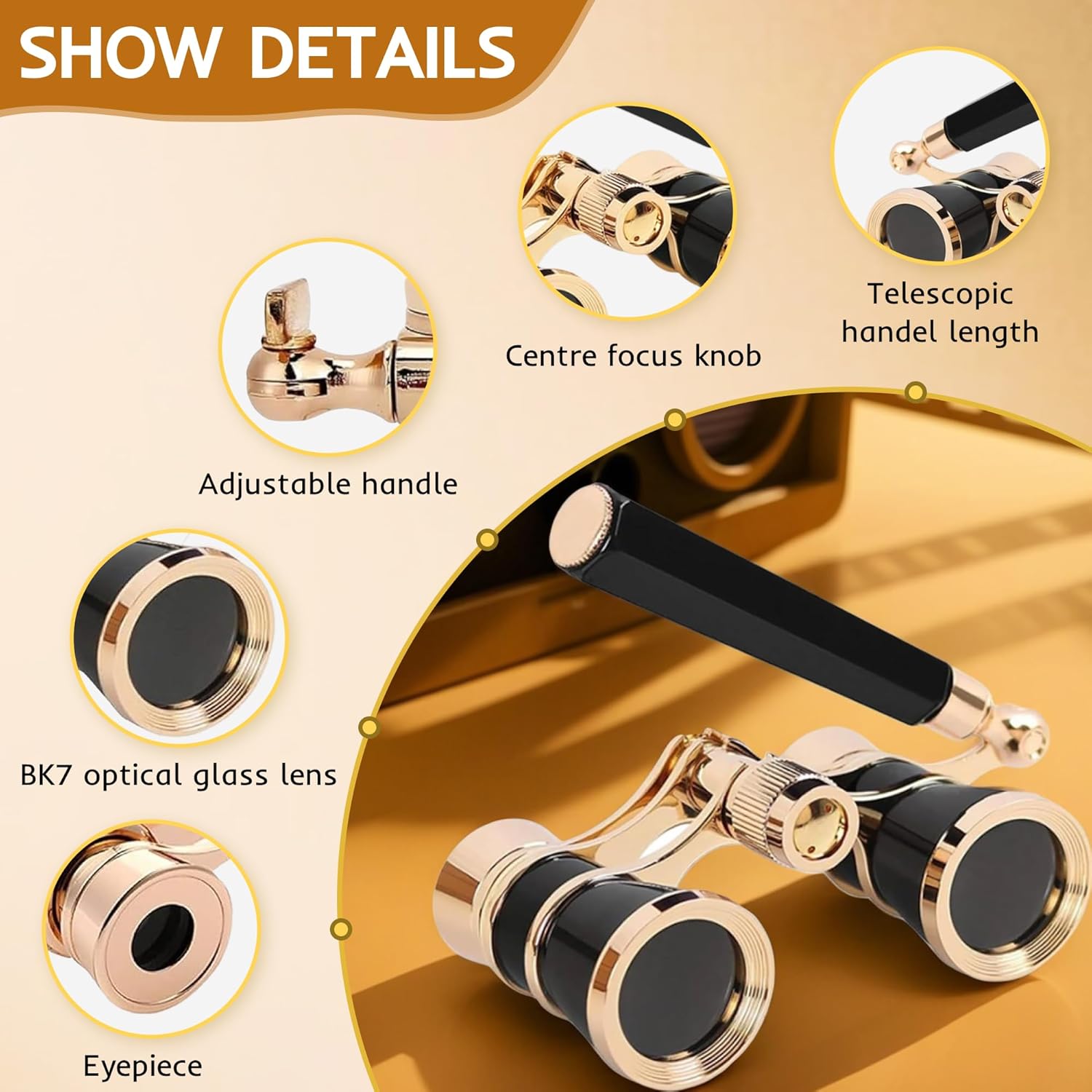 Opera Glasses Binoculars,3X25 Theater Binoculars with Foldable Handle for Adults Kids Women,Small Portable Opera Glasses for Theater and Concert Viewing (Black with Handle)