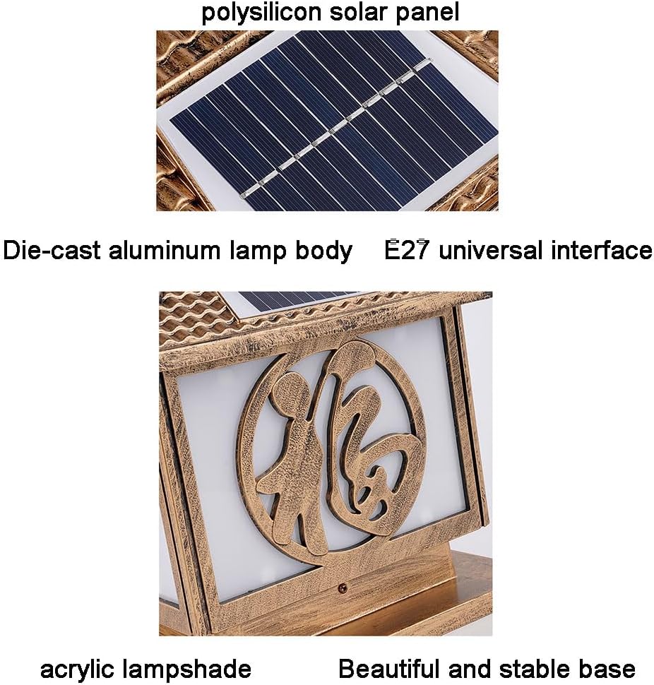Outdoor Light Waterproof Solar Pillar Headlight Square Wall Lamp Column Fence Street Lights Vintage Solar LED Landscape Floor Lamp