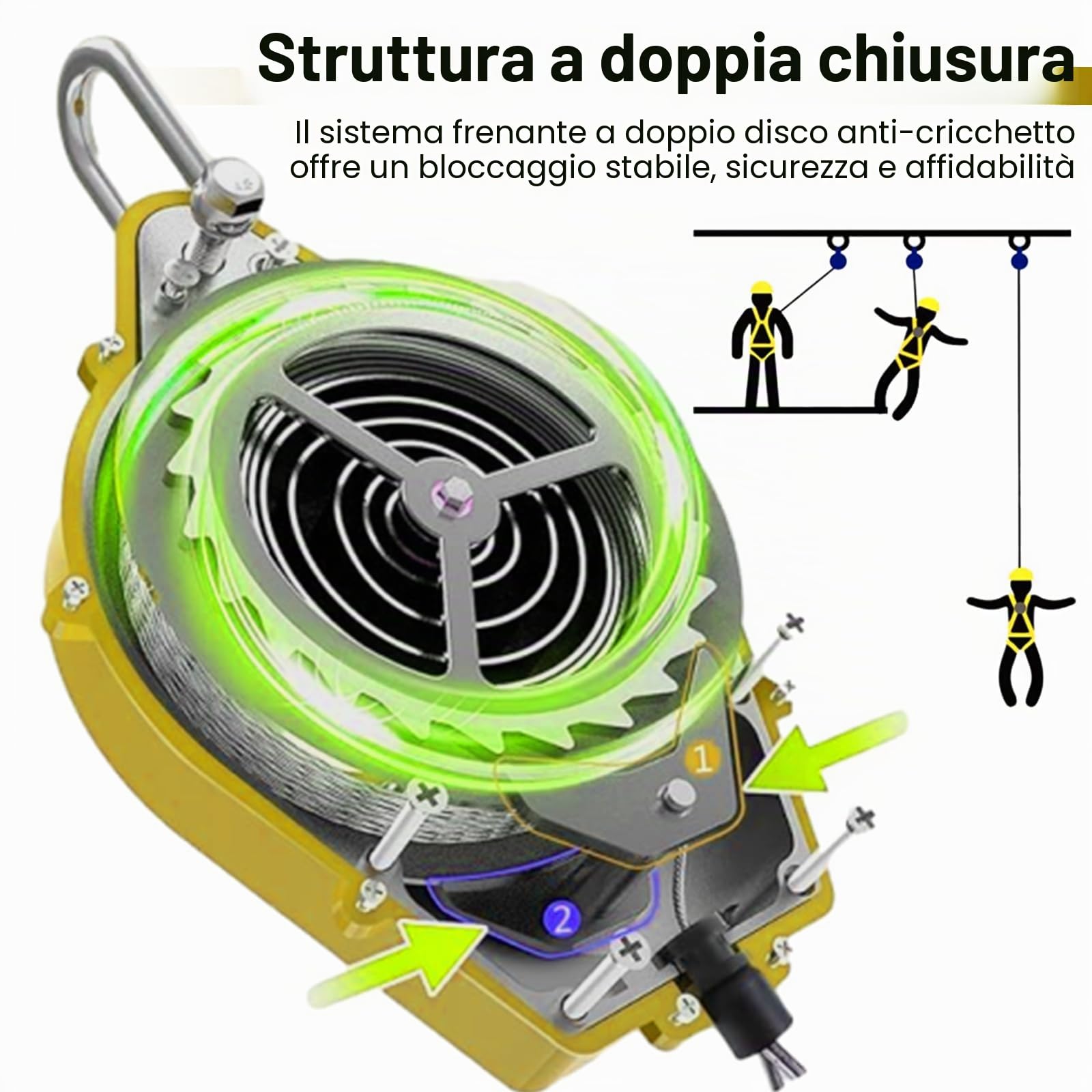 Dispositivo Anticaduta Retrattile Certificato(Giallo,10 Metri) | 150kg Dispositivo Retrattile di Sicurezza Anticaduta con Gancio Autobloccante, Dispositivo Anticaduta Tetto e Lavoro Aereo