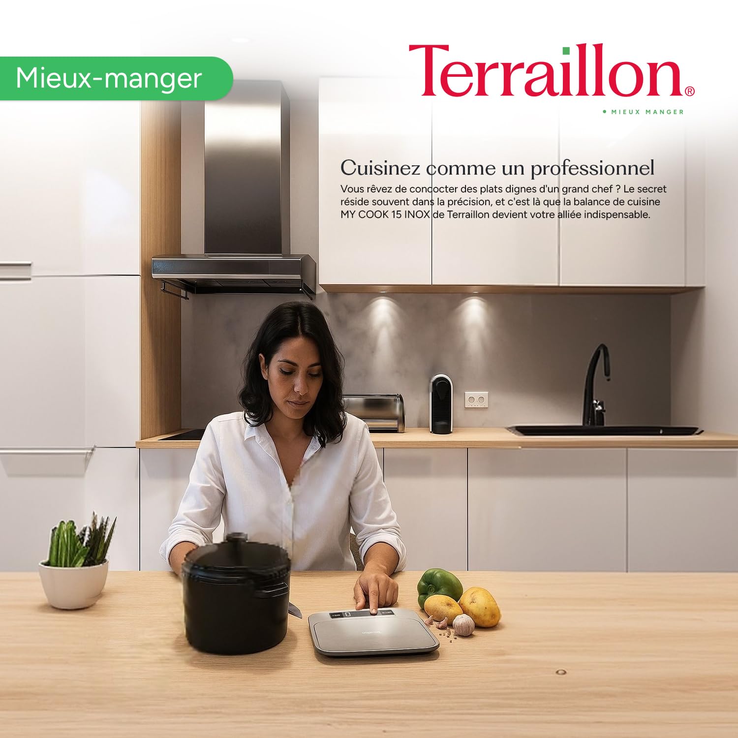 Terraillon - MyCook 15 - Balance de cuisine - Tare - Conversion Liquides - Revêtement anti-trace - Fonction Pause - Capacité 15 kg