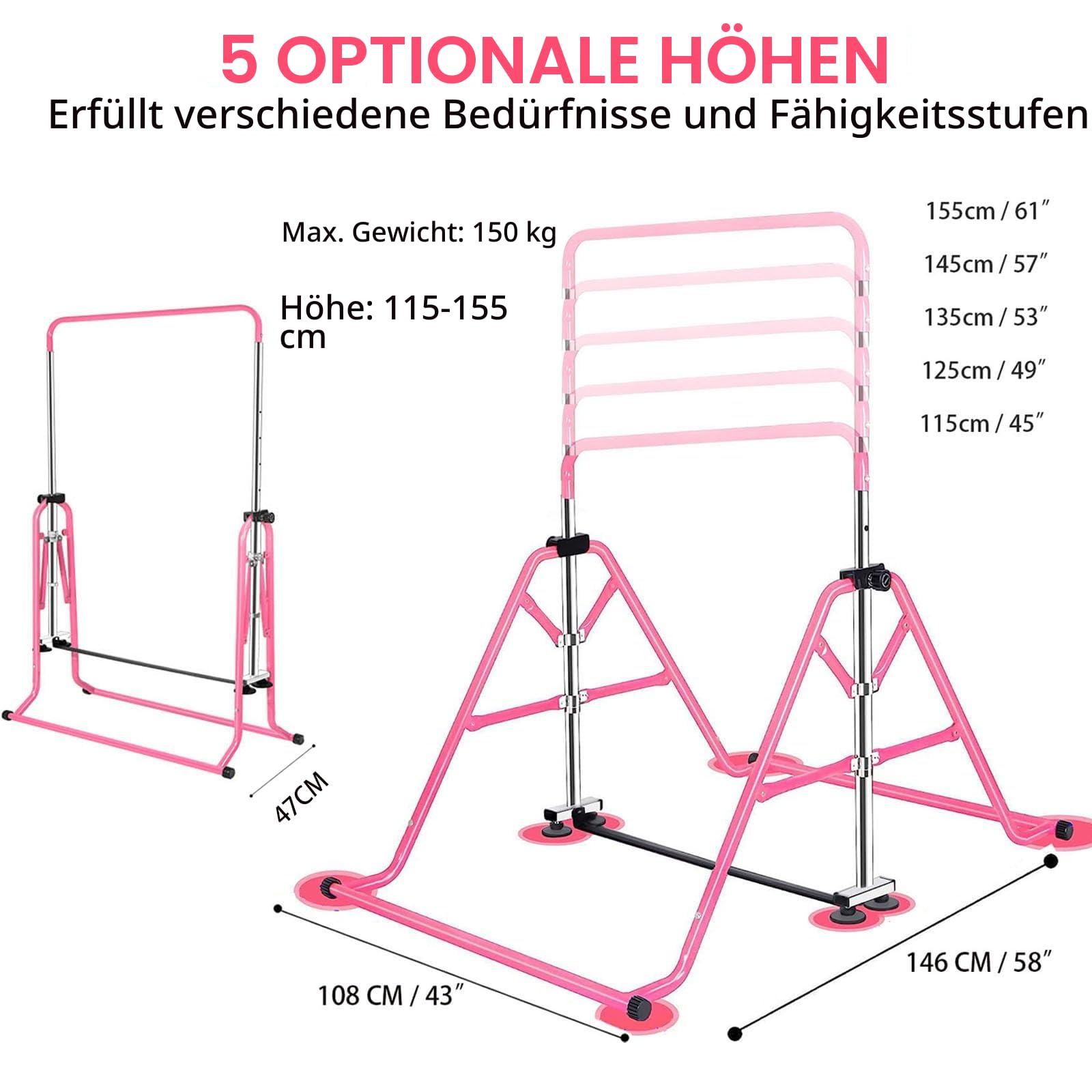 Kinder Turnreck Gymnastik Reck Turnstange Reckstange Klimmzugstange Reckanlage Horizontale Training Bar Trainingsgeräte mit Gymnastikringen für 3-12 Jahre alte Kinder Indoor