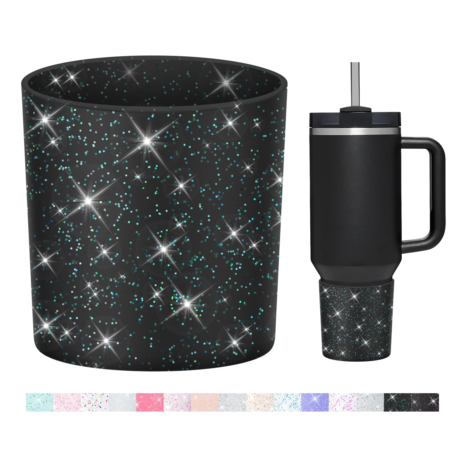 WUQID Glitter Higher Silicone Boot Compatible with Stanley Quencher H2.0 40oz 30oz 20oz & IceFlow Flip 30oz 20oz, Tumbler Cups Anti-Slip Bottom Sleeve