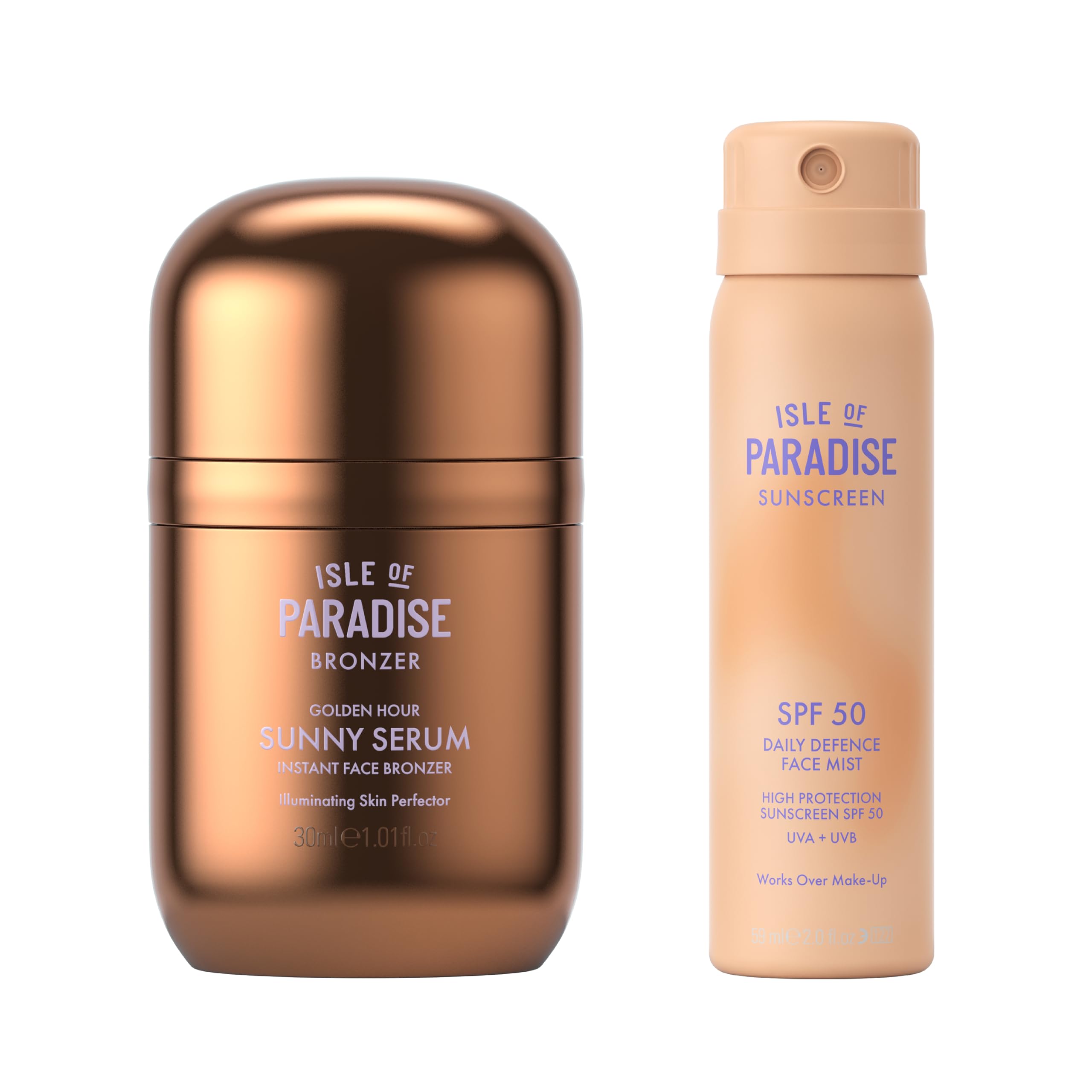 Isle of Paradise Bronze & Set Bundle - Sunny Serum Face Bronzer Golden Hour + SPF 50 Daily Defence Face Mist