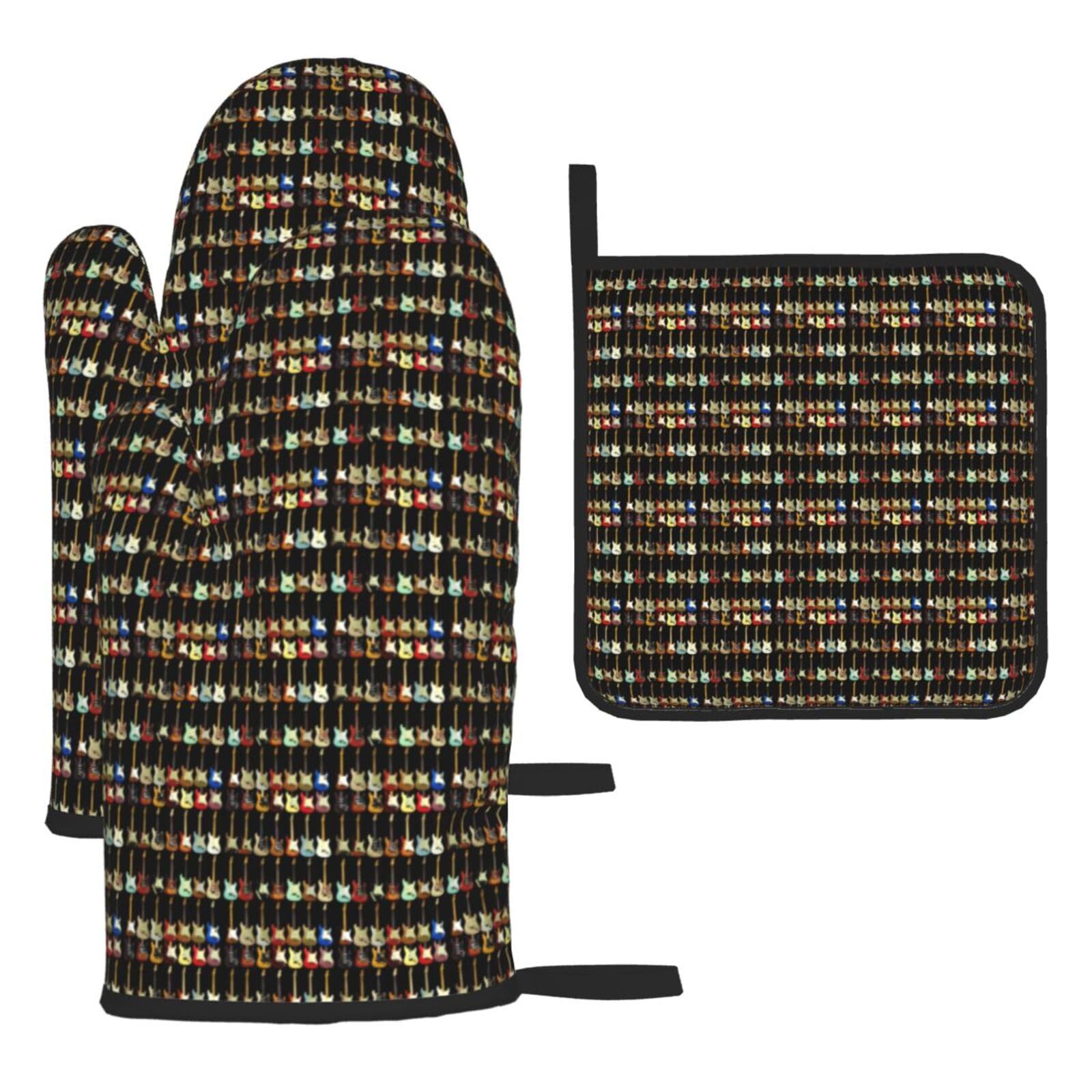 Art Guitar Pattern Print Oven Set Kitchen Gloves Baking Grilling Microwaving Cooking Gift Everyday Holiday