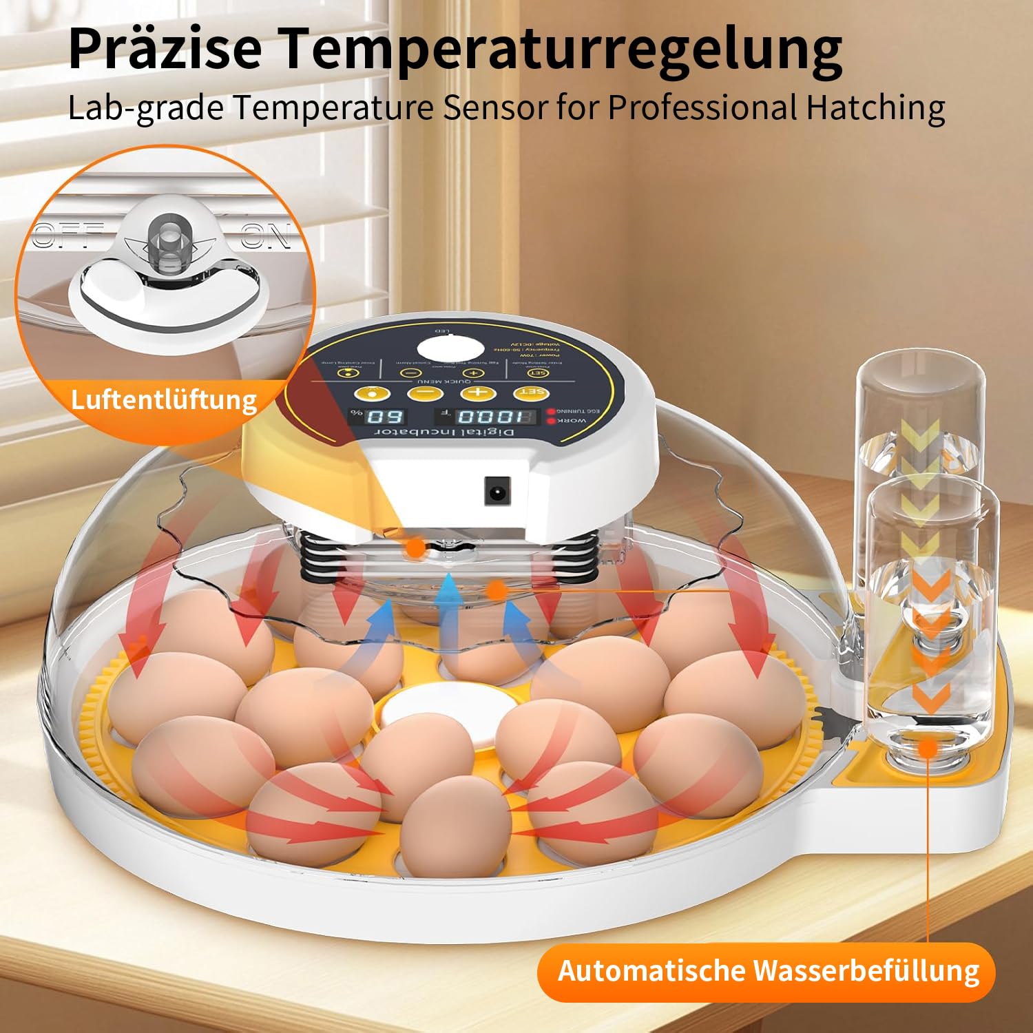 Brutautomat Vollautomatisch, Inkubator Hühner 18-60 Eier für mit Automatischer Temperatur Feuchtigkeitsregelung, Inkubator Brutmaschine für Hühner Wachteln Enten und Geflügel Eierbrüter | Einfach zu bedienen und hohe Schlupfrate, Präzise konstante Tempera