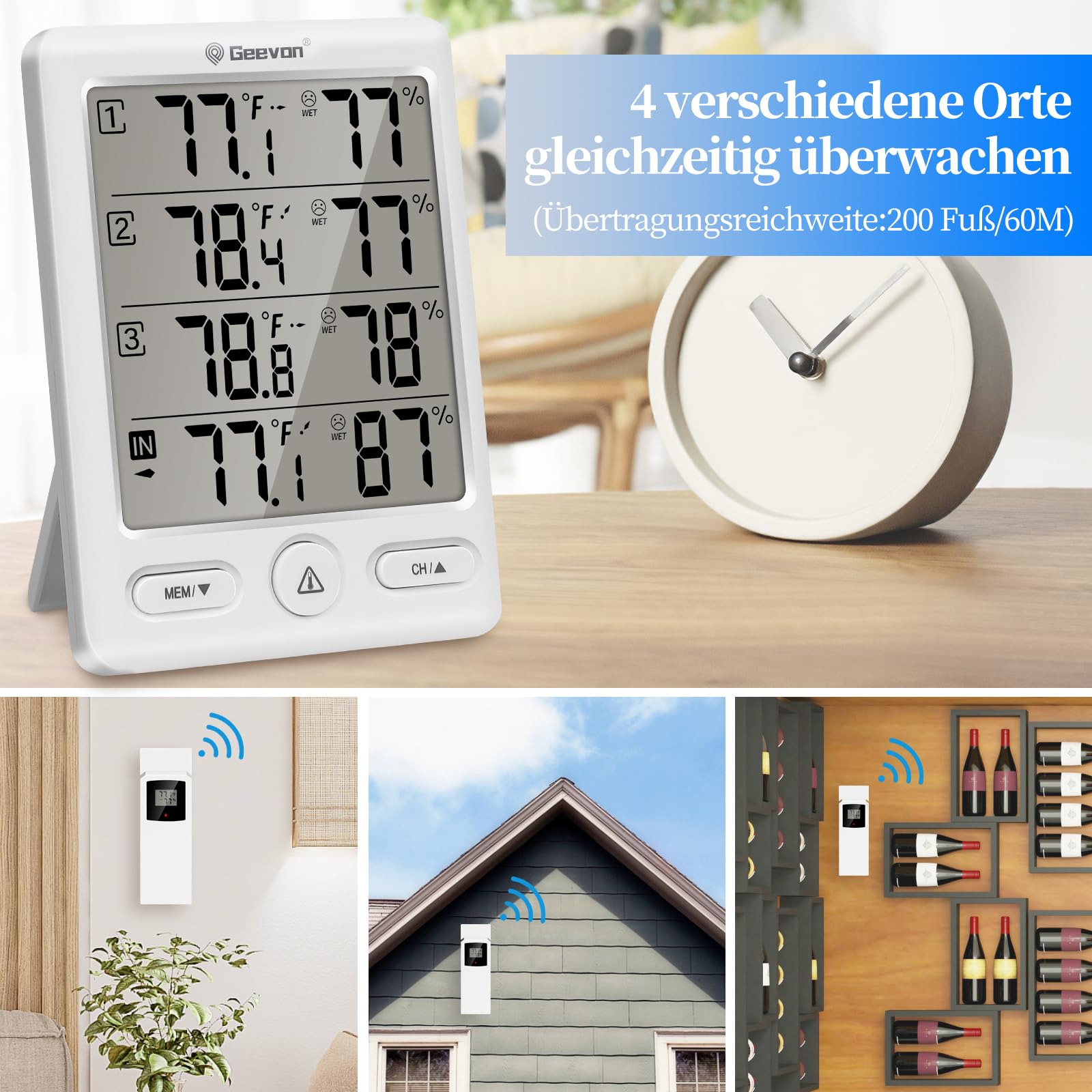 Geevon Thermometer Innen Außen mit 3 Fernsensoren, Hygrometer Digital, Temperatur und Luftfeuchtigkeitsmesser mit 60M/200FT Reichweite (228646 Weiß ohne Batterie)