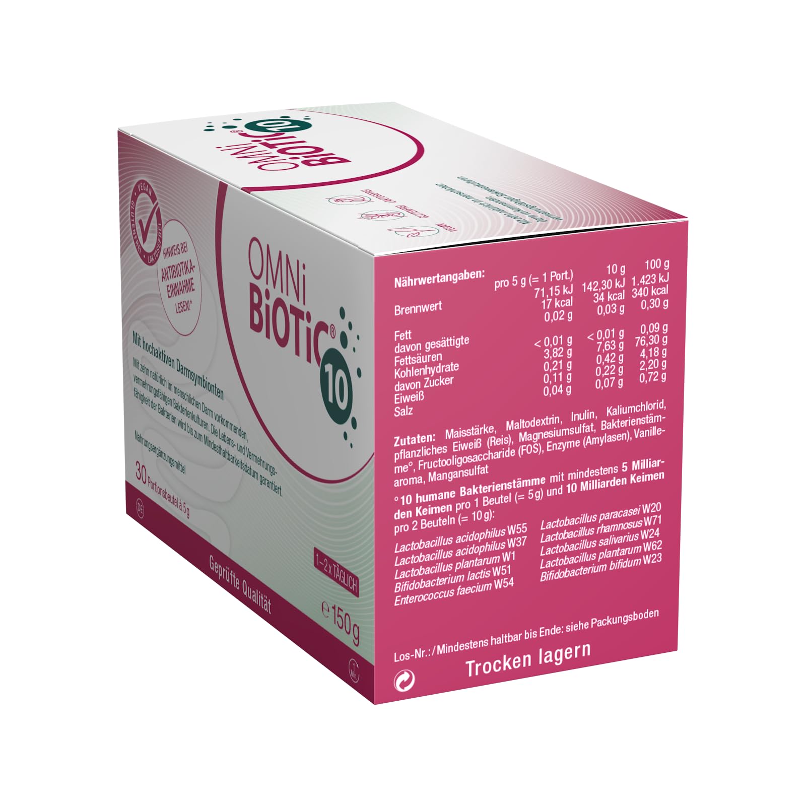 OMNi BiOTiC 10 | Antibiotikum? Darmflora ergänzen | Empfehlenswert ab dem ersten Tag einer Antibiotika-Therapie | Pulver | Zur täglichen Anwendung | Mit Inulin | Vegan | Glutenfrei | 30 Portionen