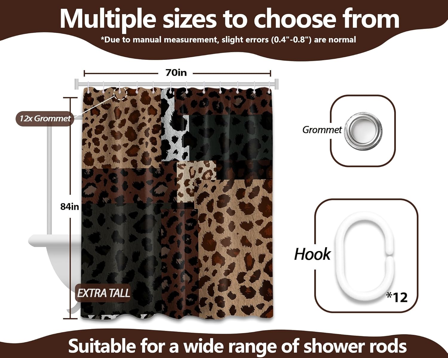 Brown Leopard Shower Curtain Black Tan Cheetah Print Shower Curtains for Men Bathroom Decor, Waterproof Cloth Fabric with Hooks 70" W x 84" L