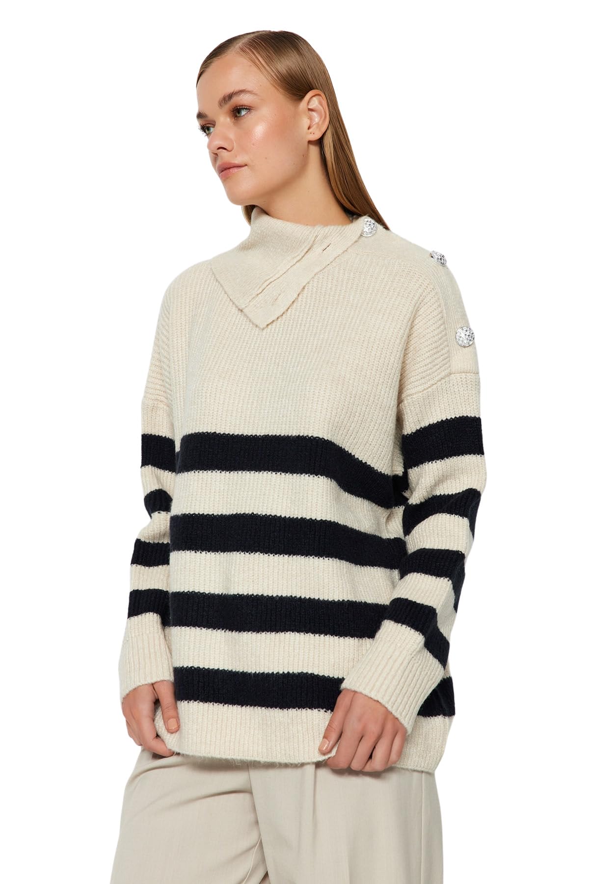 Trendyol Damen Stone Gestreift Lange Ärmel Regulär Sweater