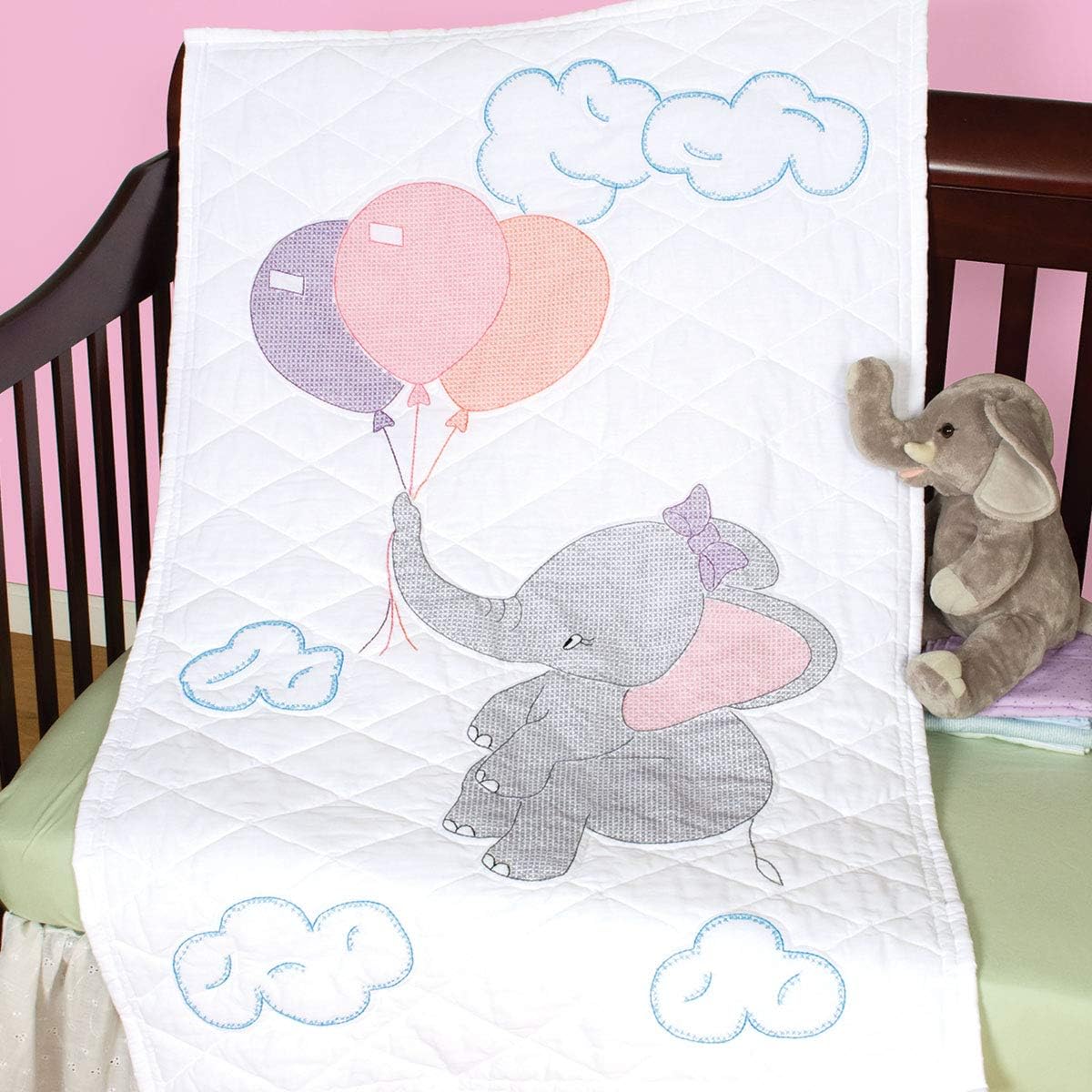 Jack Dempsey Crib Quilt Top Elephant, Cotton, White