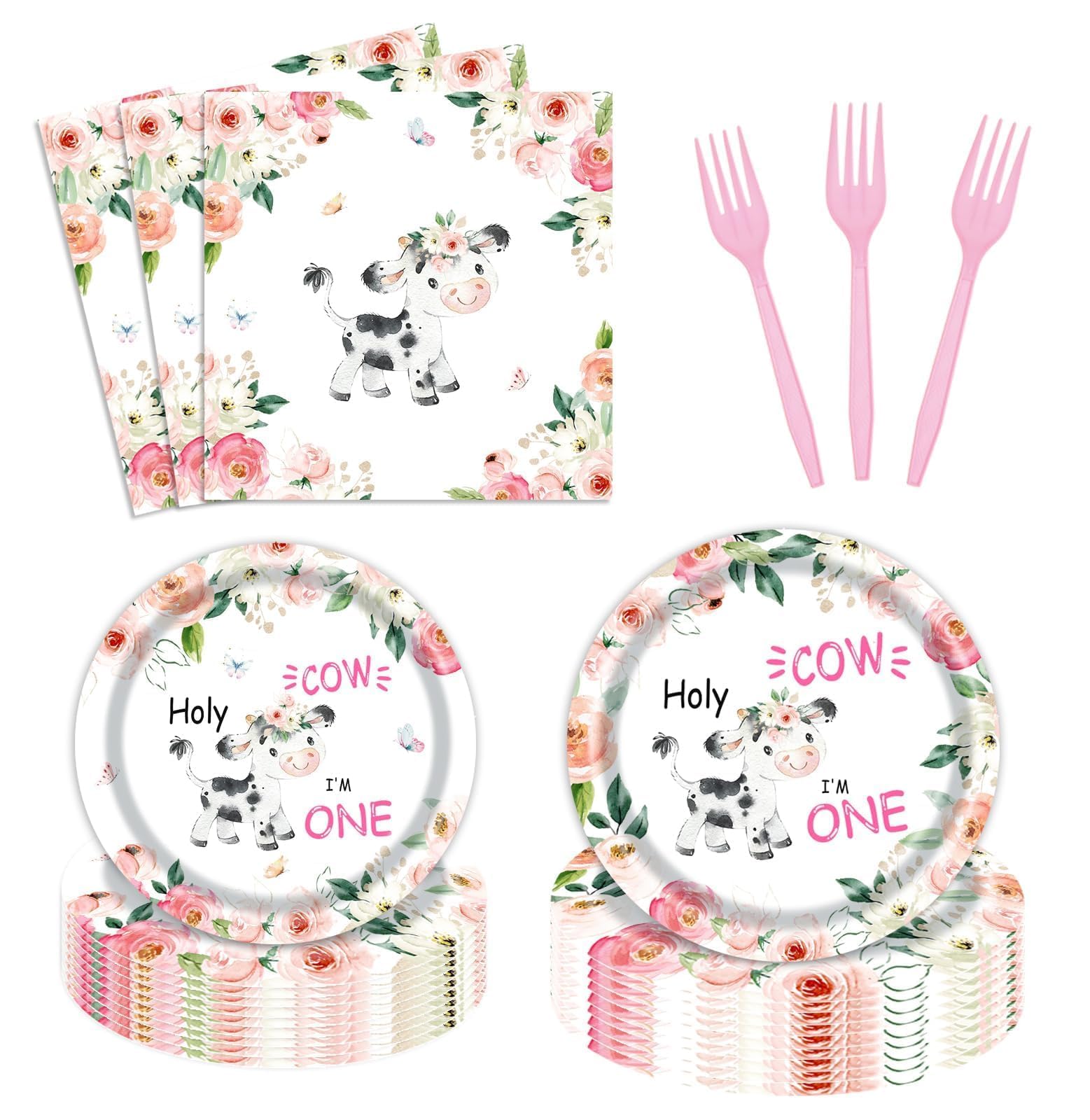 Holy Cow I'M One 96PCS Birthday Party Supplies for Girl - Cow 1st Bday Tableware Set Includes 9'' & 7'' Plates, Napkins, Forks, Floral Decorations for