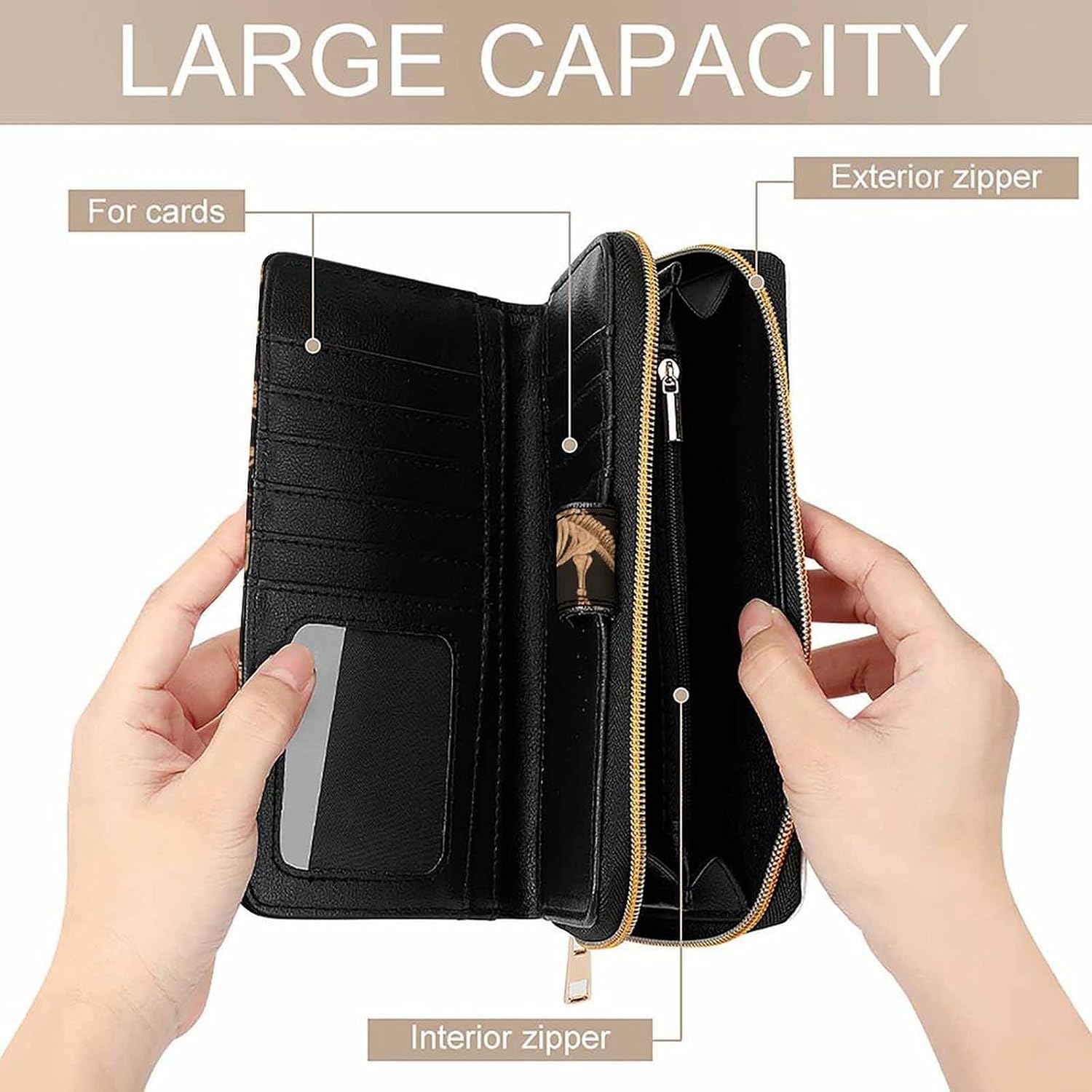 Dinosaur Skeleton Print Wallet,PU Leather Material, Small Wallet,Bifold with Zipper, Travel Wallet,Compact And Portable for Men And Women 7.8 * 4.3 * 1.4 Inches