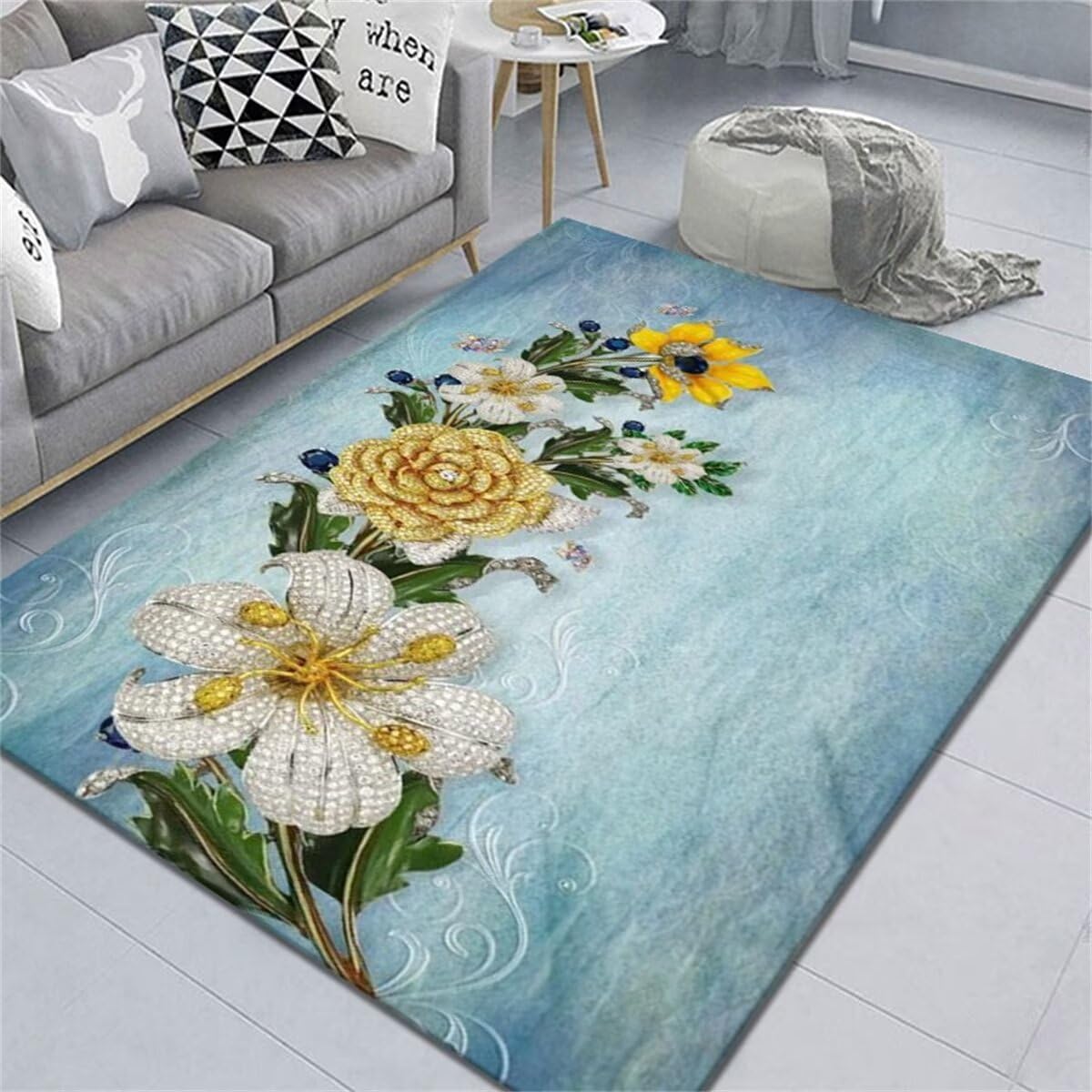 Déco chambre fille ado avec grand tapis de sol floral et coloré