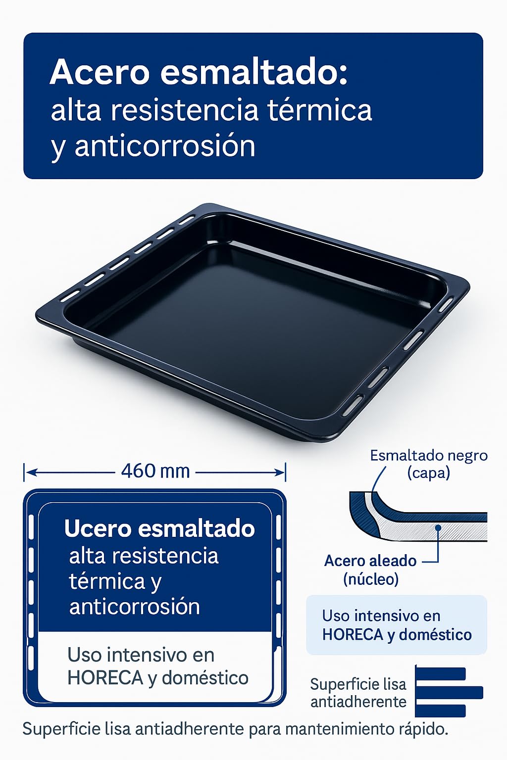 RECAMBIOS DREYMA Bandeja De Horno Esmaltada 460x368x24 mm Compatible con Teka 82405901 Guías Laterales HI435ME HE720ME HC490ME Apta Para Contacto Alimentario Negro Vitrificado Alta Resistencia