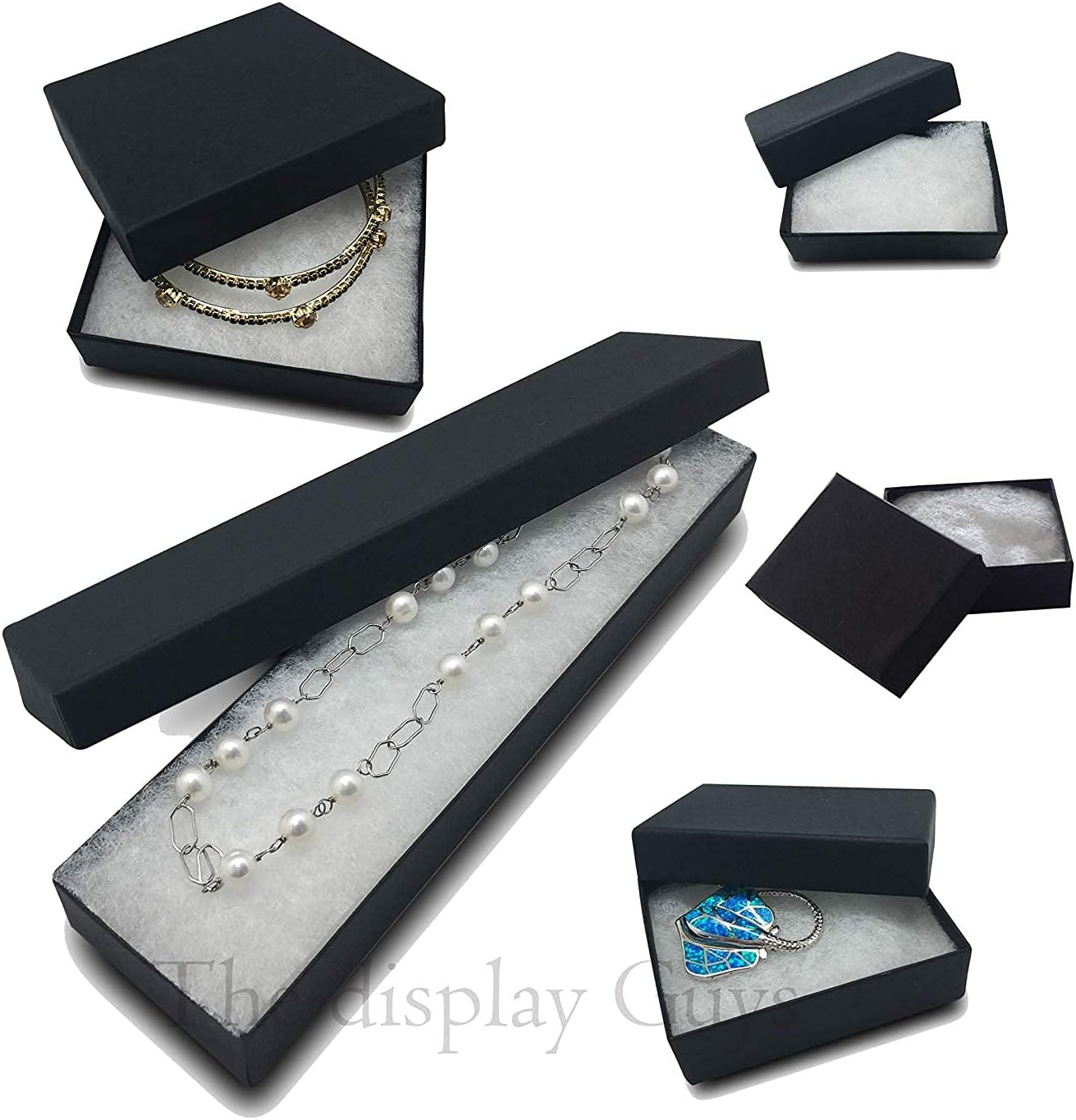 RJ Displays 25 Pack Cotton Filled Matte Black Color Cardboard Paper Jewelry Gift and Retail Boxes 3.5 X 3.5 X 1 Inch Size #33 (5 pcs Each of #11/#21/#32/#33/#82)