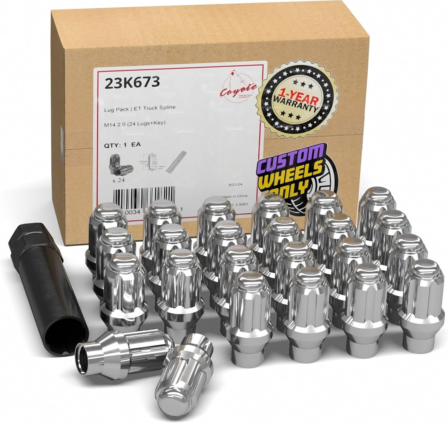 Wheel Accessories Parts 24 Pcs M14x2 Thread ET Bulge Acorn 1.80" Long Spline Lug Nuts Chrome Truck Spline Hex Fits Ford F-150 Expedition ｜ Lincoln Navigator (for use with Wheels Spacers)