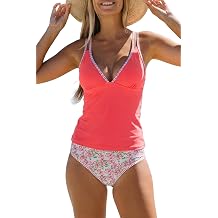 Beachsissi Women Lovely Floral Print Tankini Set Two Pieces Crisscross Back Bathing Suits