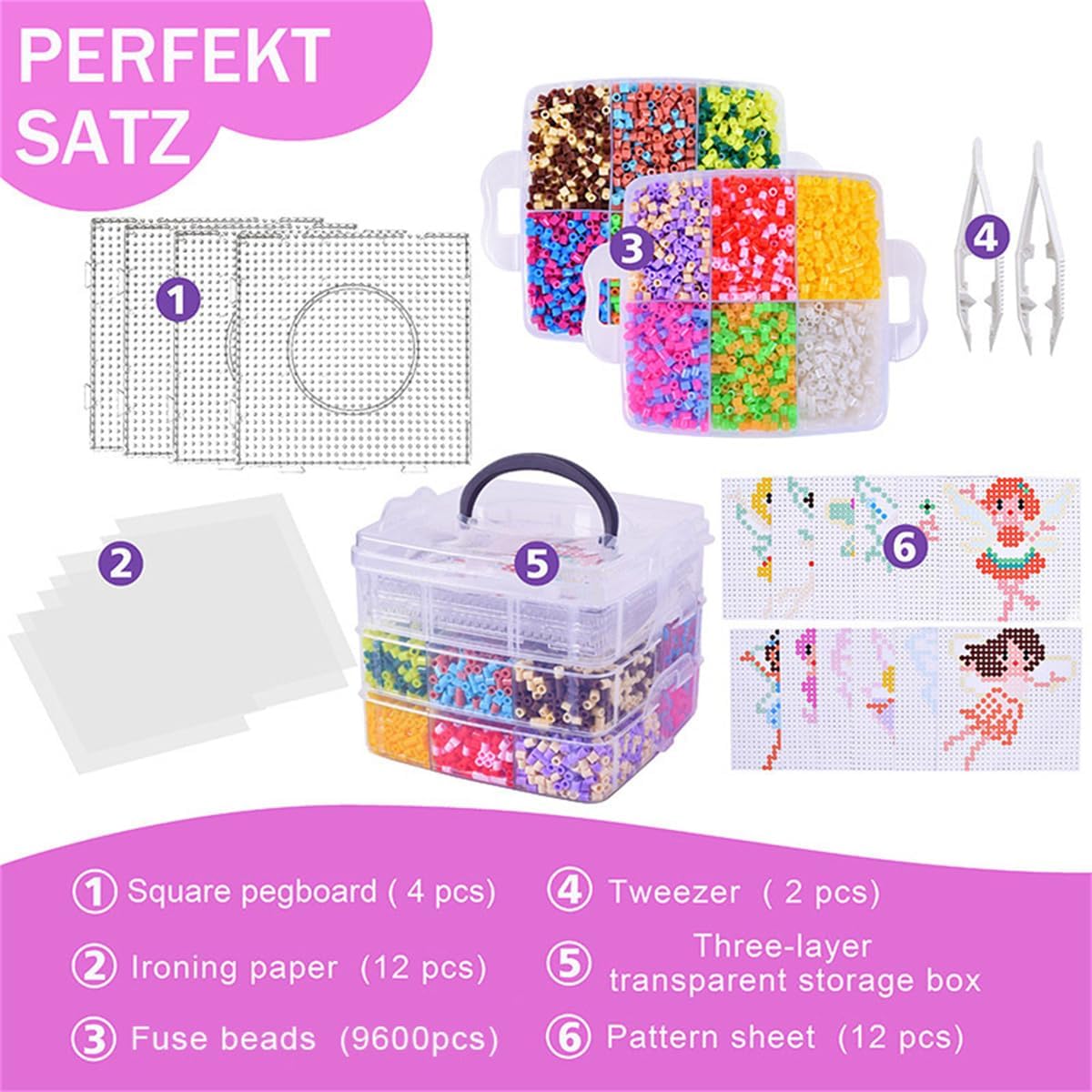 Solidark- 5mm Fuse Beads Kit, 9600pcs 5mm 22 Colors 12 Patterns, DIY Arts and Crafts Kits Fairy Melting Beads Set Including Pegboards, Ironing Paper, Tweezers for Birthday and Christmas Gift