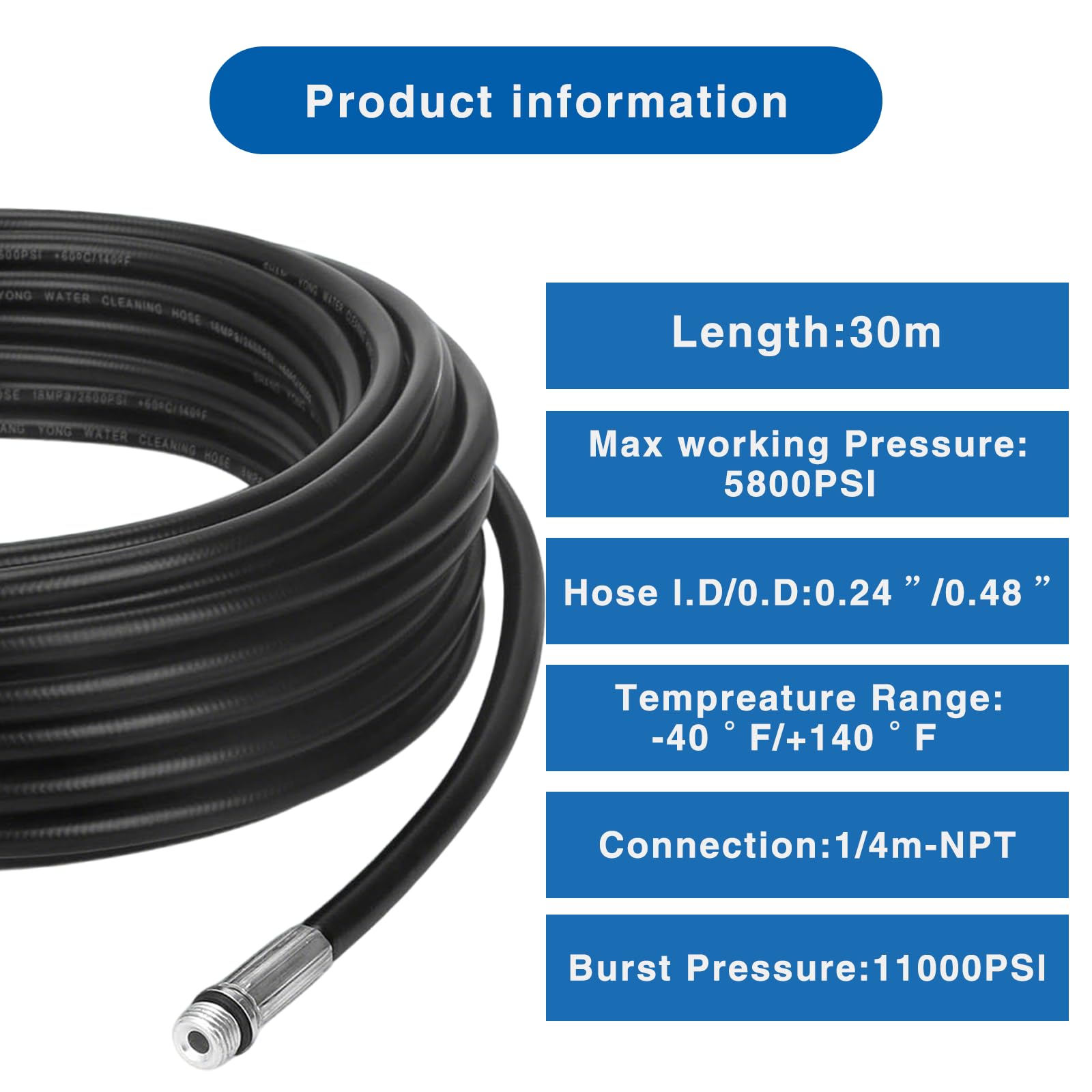 Kit de limpieza de manguera de drenaje de alta presión de 30 m, compatible con Karcher K2 - K7 Series y Bosch AQT, manguera de chorro de alcantarillado de 400 bares, chorro de drenaje para lavadora a