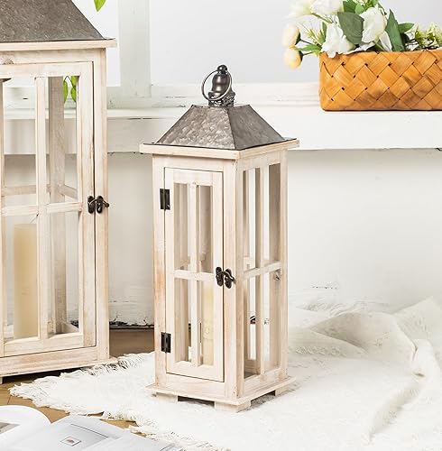 Miniatura 8 de TIMRIS Juego de 2 linternas decorativas grandes de madera rústica, modernas linternas de piso de lavado blanco envejecido para interioresexteriores,