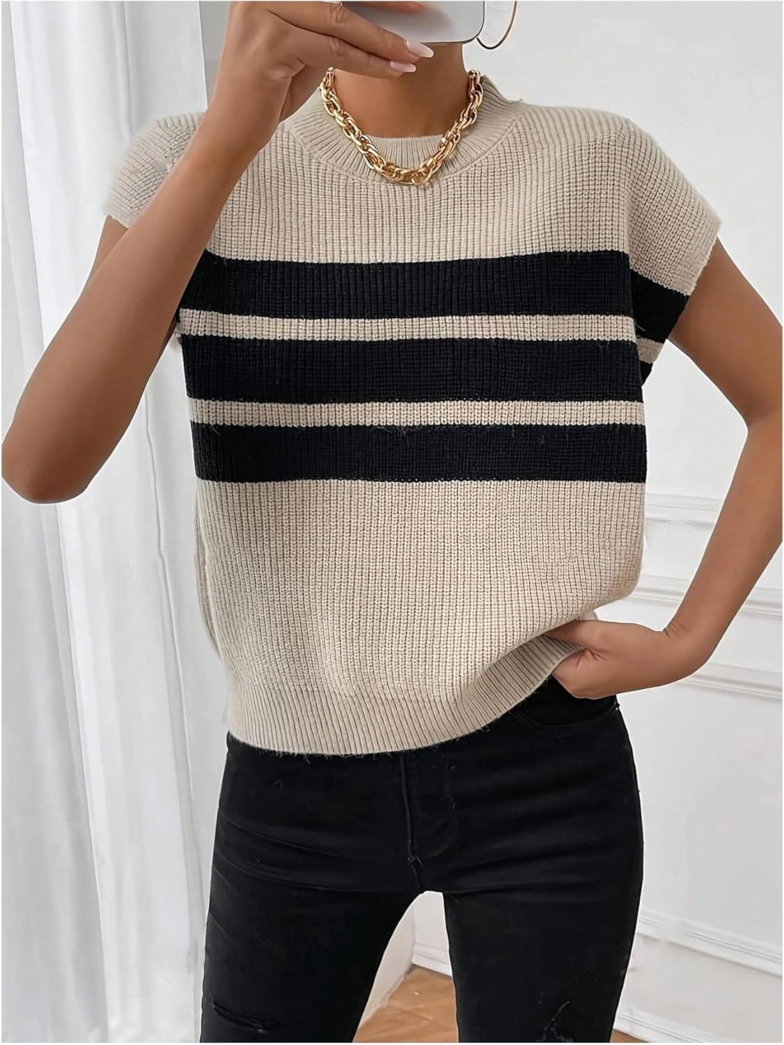 MakeMeChic Women's Bow Sweater Cute Summer Tops Plaid Short Sleeve Crew Neck Y2K Knitted Pullover - Image 3