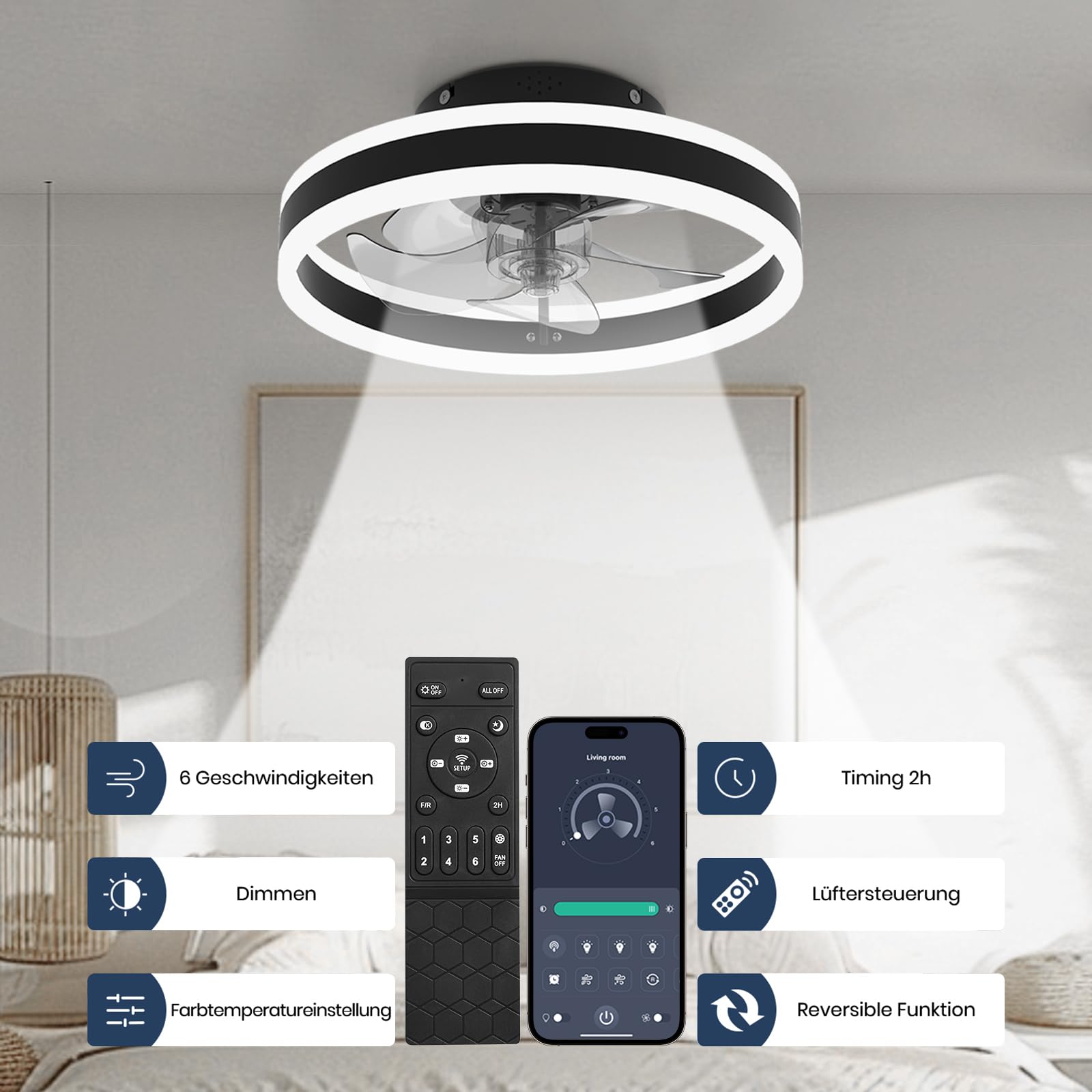 Nalezuns LED Deckenventilator mit Beleuchtung, 3 Farbtemperaturen, 6 Geschwindigkeiten, Fernbedienung, dimmbar