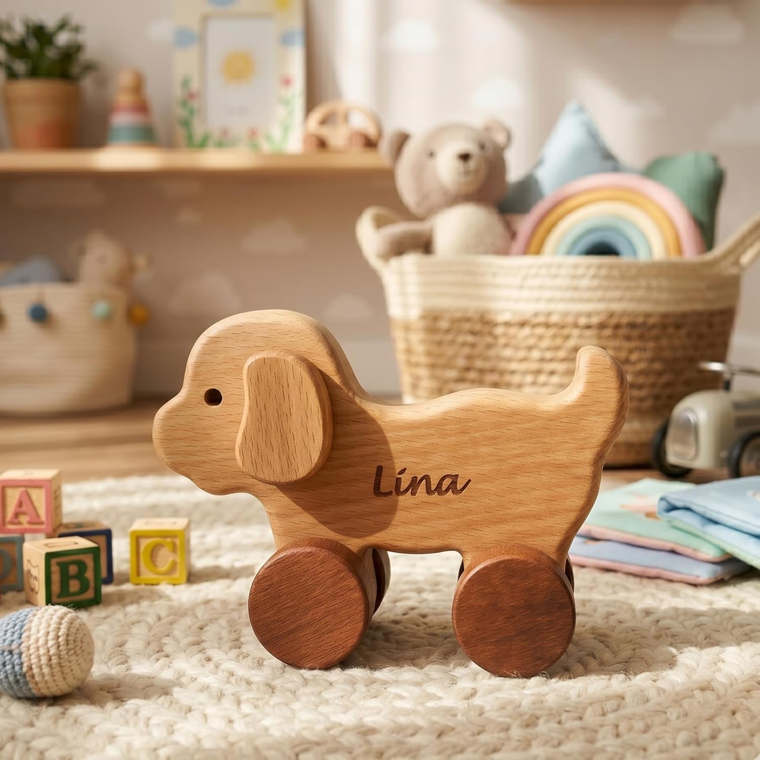 Wooden Toy Puppy Car - Personalised Toys Baby Push Car - Wooden Dog Toys - Wood Toy Dog On Wheels for Infant Boys - Pull Puppy Toy for Toddler - Push Car for Baby - Handmade Infant Toys Dog