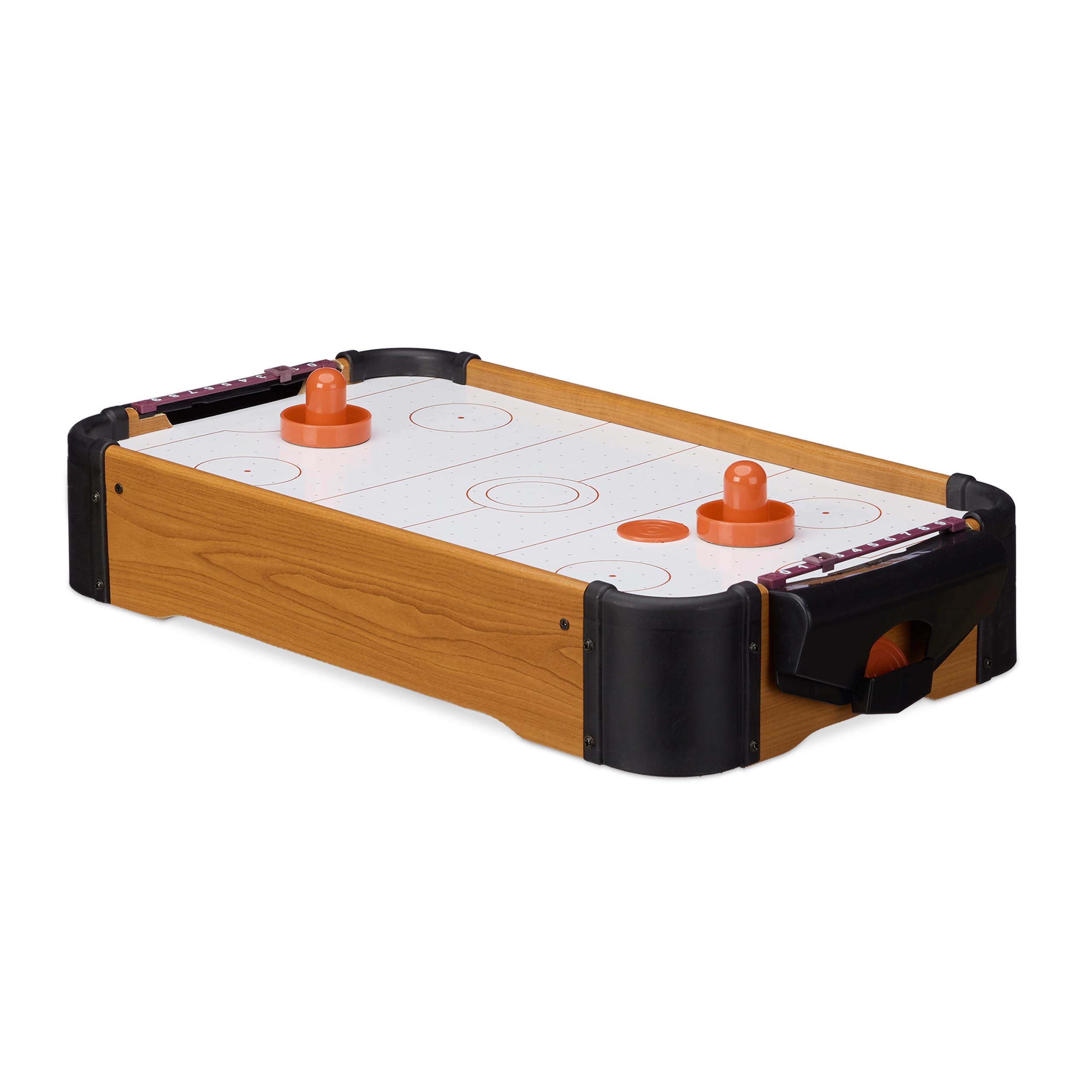 Relaxdays Hockey de table, air hockey de table, Mini Hockey, à emporter, accessoires vacances, lxP: 56 x 31 cm, brun