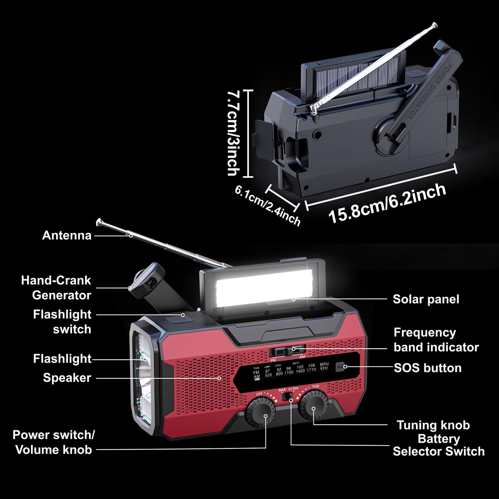 SOLARBABY Radio a Manovella 10000mAh, Radio Solare Portatile con Torcia, Luce di Lettura, AM/FM Radio di Emergenza Solare con Allarme SOS, USB per Emergenze Blackout Campeggio, Rosso