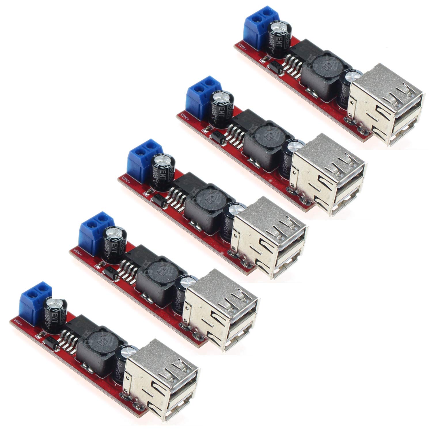 (5 Pack) JacobsParts Dual USB LM2596 5V 3A Voltage Step-Down Buck Regulator Module 6-40V in with Screw Terminals