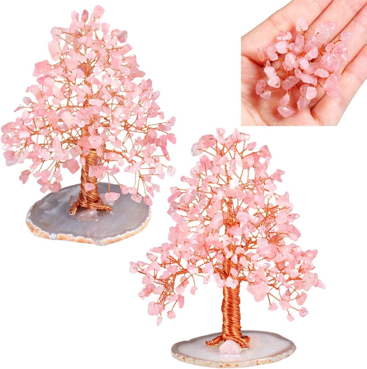 KYEYGWO Handmade Rose Quartz Crystal Money Tree for Good Luck Wealth Health Figurine Bonsai on Natural Agate Slab 5"-5.9" High - Image 3