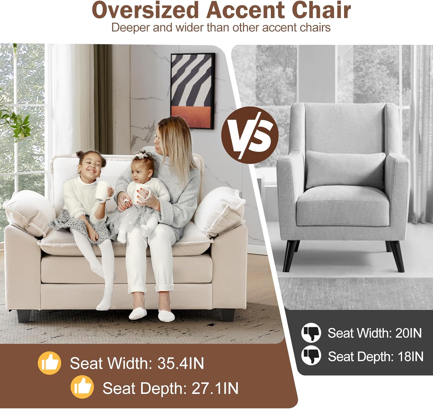 CDCASA Oversized Accent Chair, Velvet Comfy Cloud Chair with Large Seat and Upholstered Armrests, Modern Extra Wide Armchair Reading Chairs for Bedroom, Living Room, Office, Beige