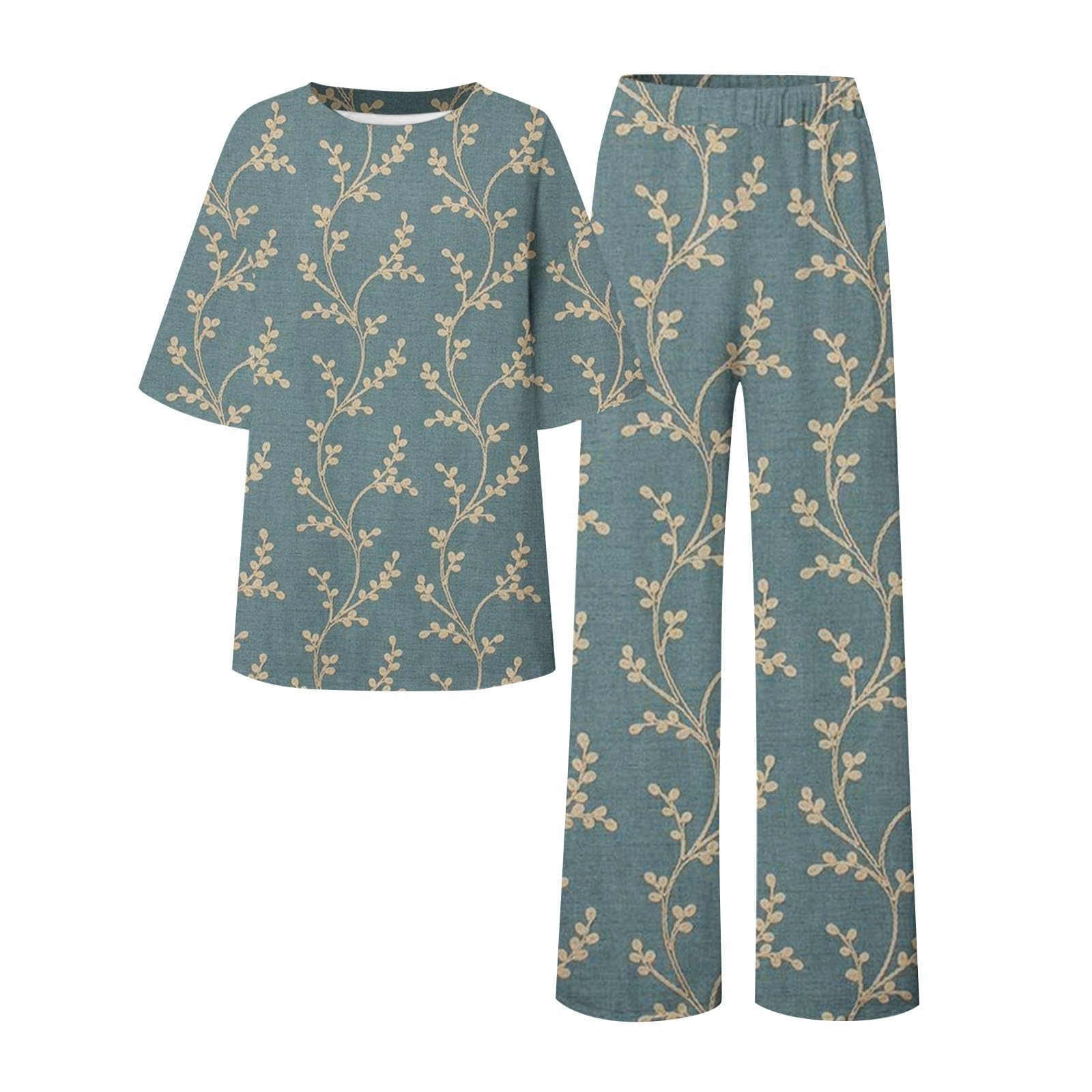 Ensemble de pyjama complet pour femme - Imprimé plantes | Ensemble de nuit ample 2 pièces avec poches, manches mi-longues, col rond, haut de pyjama et pantalon de pyjama élastique