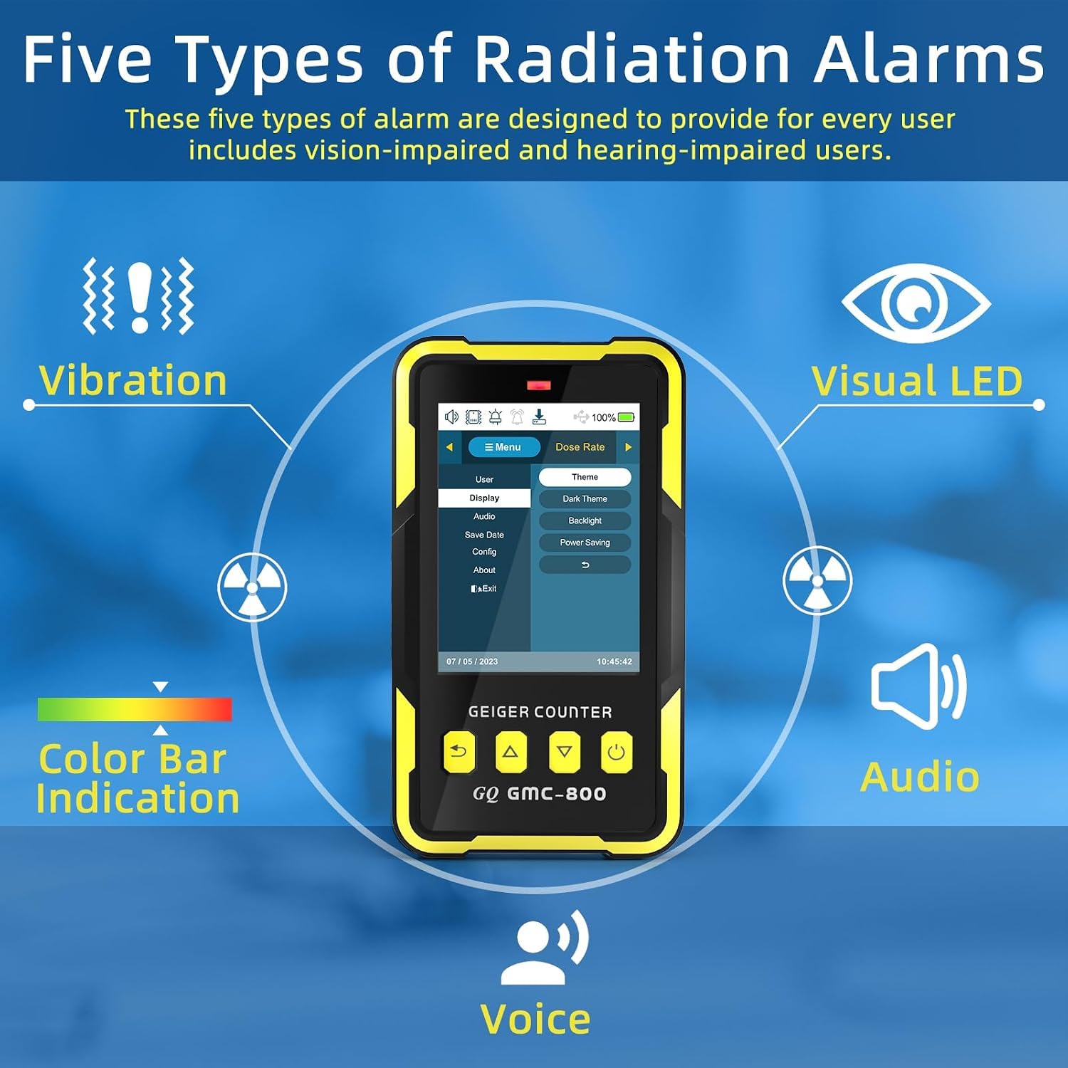 Nuclear Radiation Detector GQ GMC-800 USA Design Product US National Standard Large Color LCD Display 5 Alarm Types Dosimeter Data Save & Global Share Beta Gamma X-ray Portable Multifunction Device — Amazon image 4