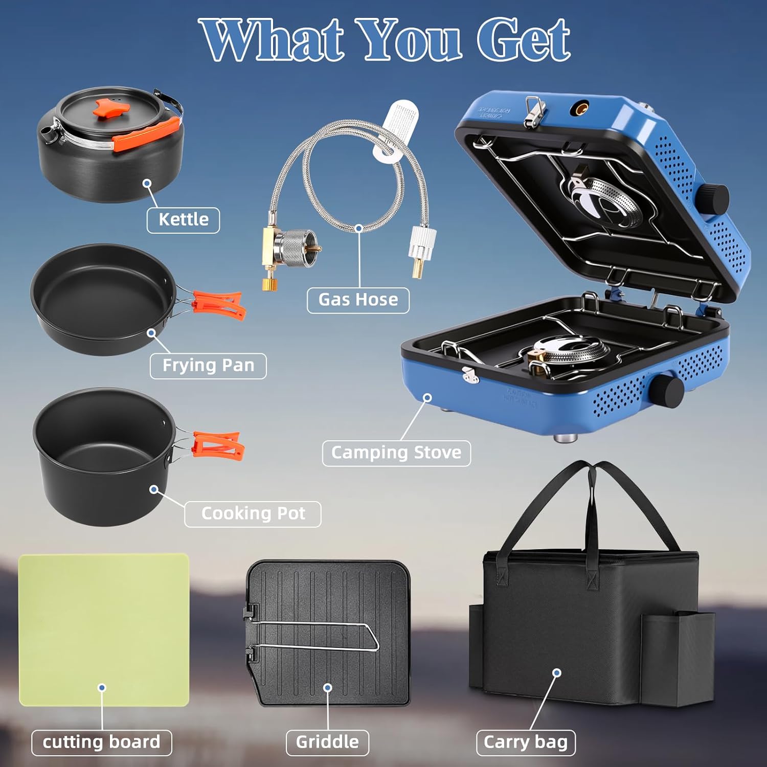 Hisencn 2 Burner Propane Camping Stove, 30000 BTU Foldable Portable Gas Stove with Cookware Set & Carry Bag, Outdoor Cooking for Camping, RV, Emergency Use, Blue