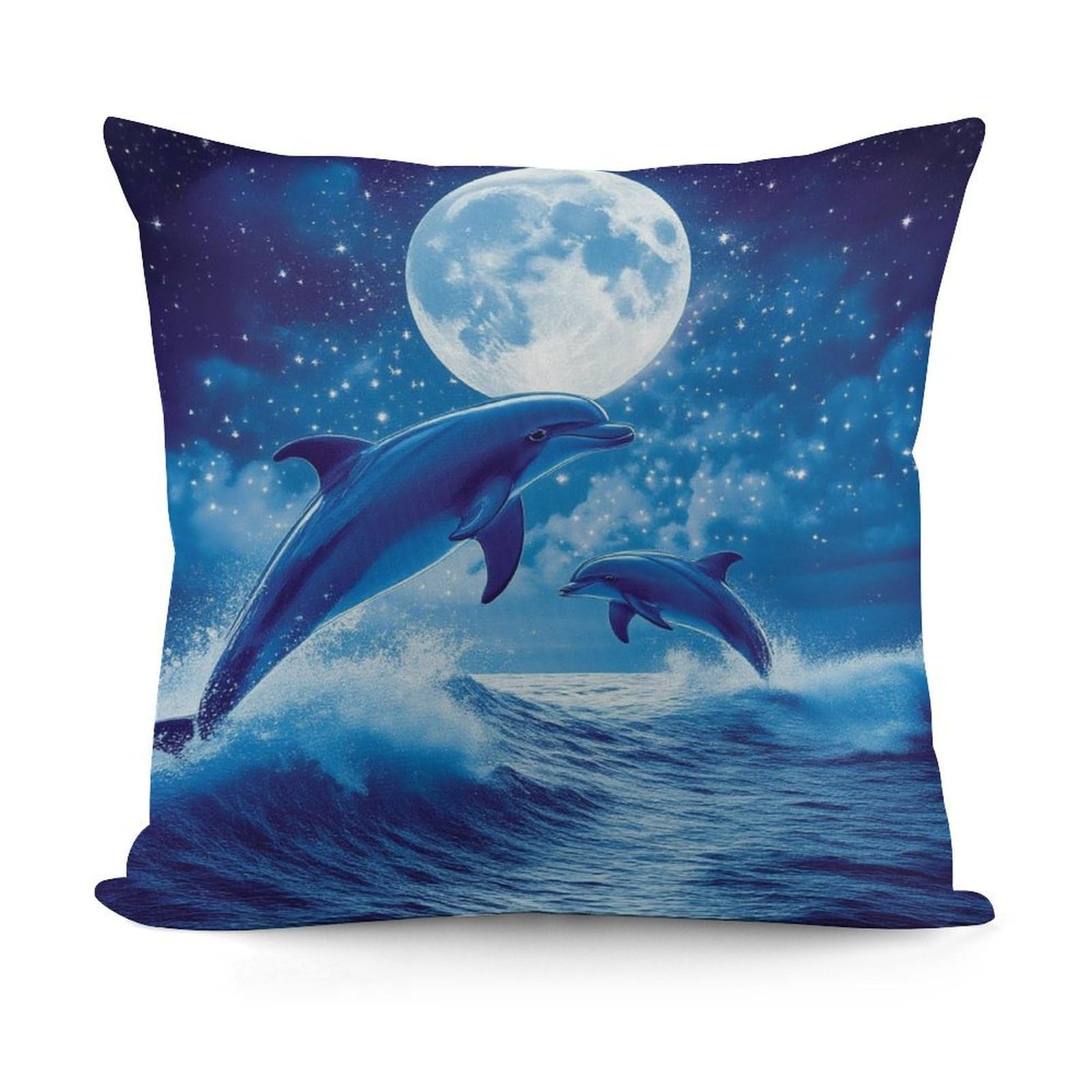 Smazdfxx Picture(734) Unique Pattern Soft Blue Great Water Of Waves Sea Full Moon Dolphin Art Plush Pillow Cover With Zipper For Sofa, Couch, Living Room Decorative