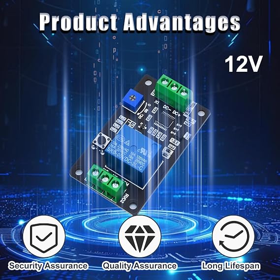 DC 12V Delay Timer Relay Module, Adjustable Super 555 Timer Self Locking Delay On Off Time Switch Trigger Relay Board with Reverse Polarity Protection, 0.1 to 120S Timing Control Switch