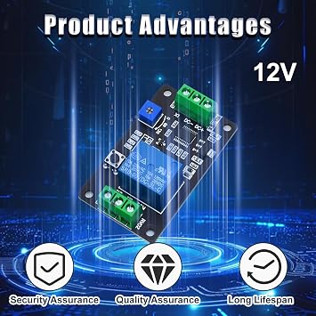 DC 12V Delay Timer Relay Module, Adjustable Super 555 Timer Self Locking Delay On Off Time Switch Trigger Relay Board with Reverse Polarity Protection, 0.1 to 120S Timing Control Switch