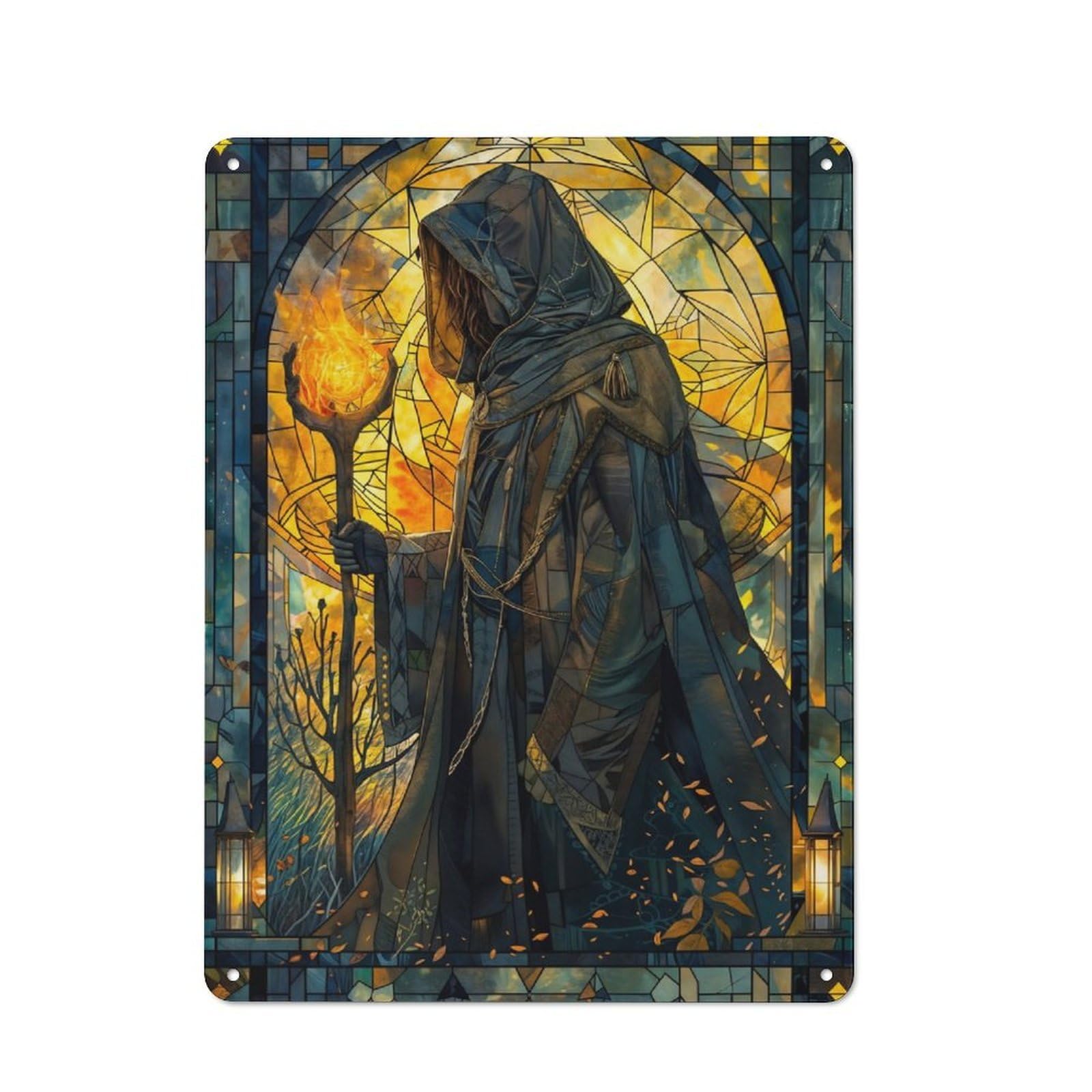 Junmoney Stained Glass Fire Wizard Retro Tin Sign 40X30cm For Lounge Or Reading Corner, For Home Wall Decor Collectors