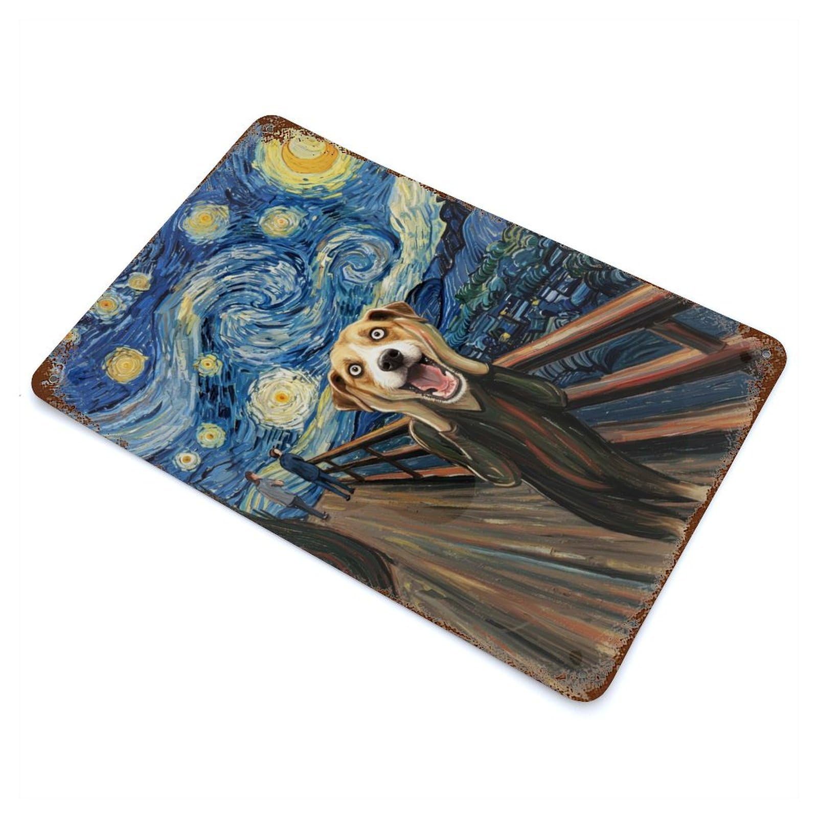 Dog Scream Starry Night Parody Vintage Wall Sign 11.8"x7.9", Rust Effect Metal Decor for Cafe, Home Bar And Lounge Decor