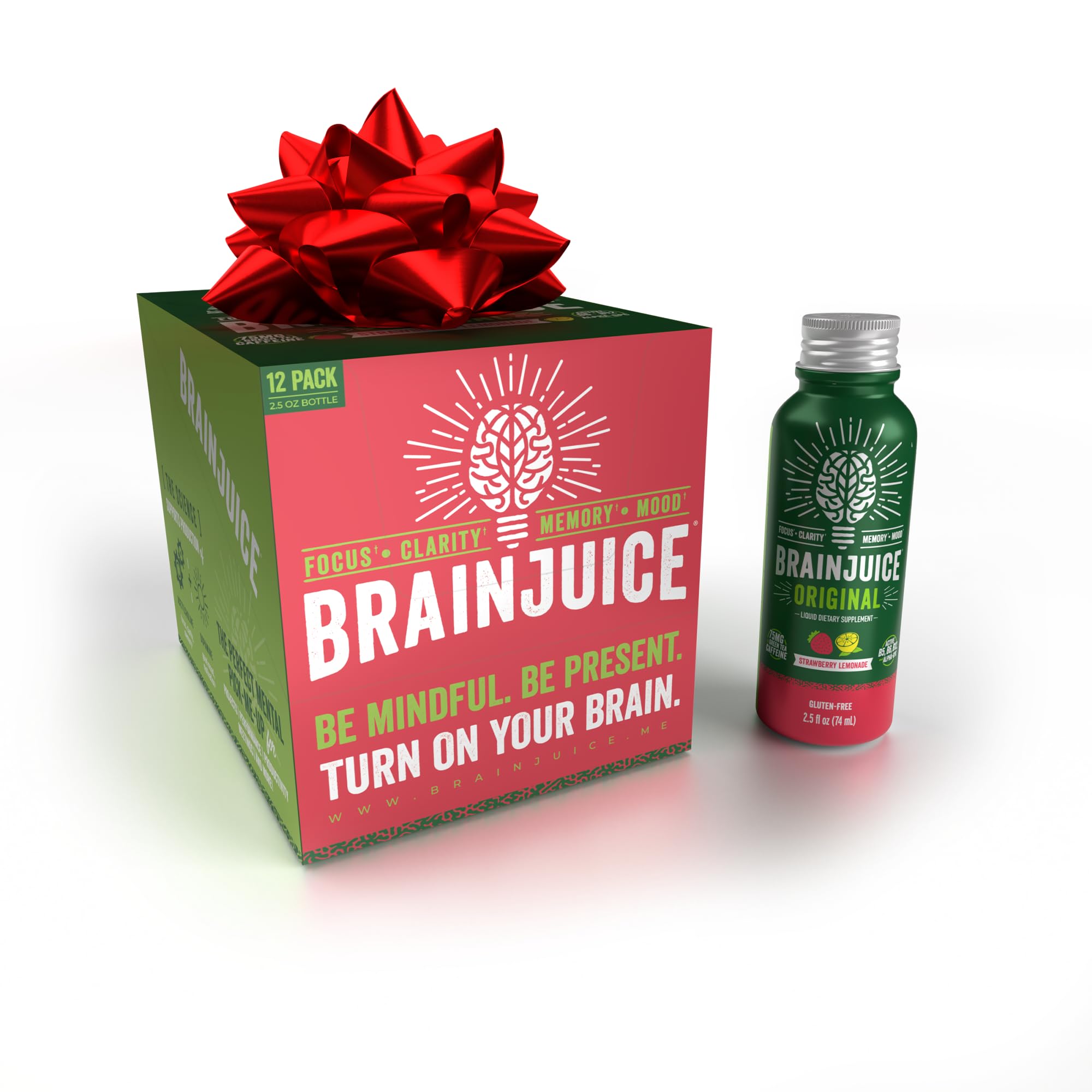 BrainJuice Energy & Focus Shot, Gluten Free Supplement, Healthy Drinks with Alpha GPC, Vitamin B & Organic Green Tea Extract Caffeine, Strawberry Lemonade, 2.5 fl oz, 12 pack