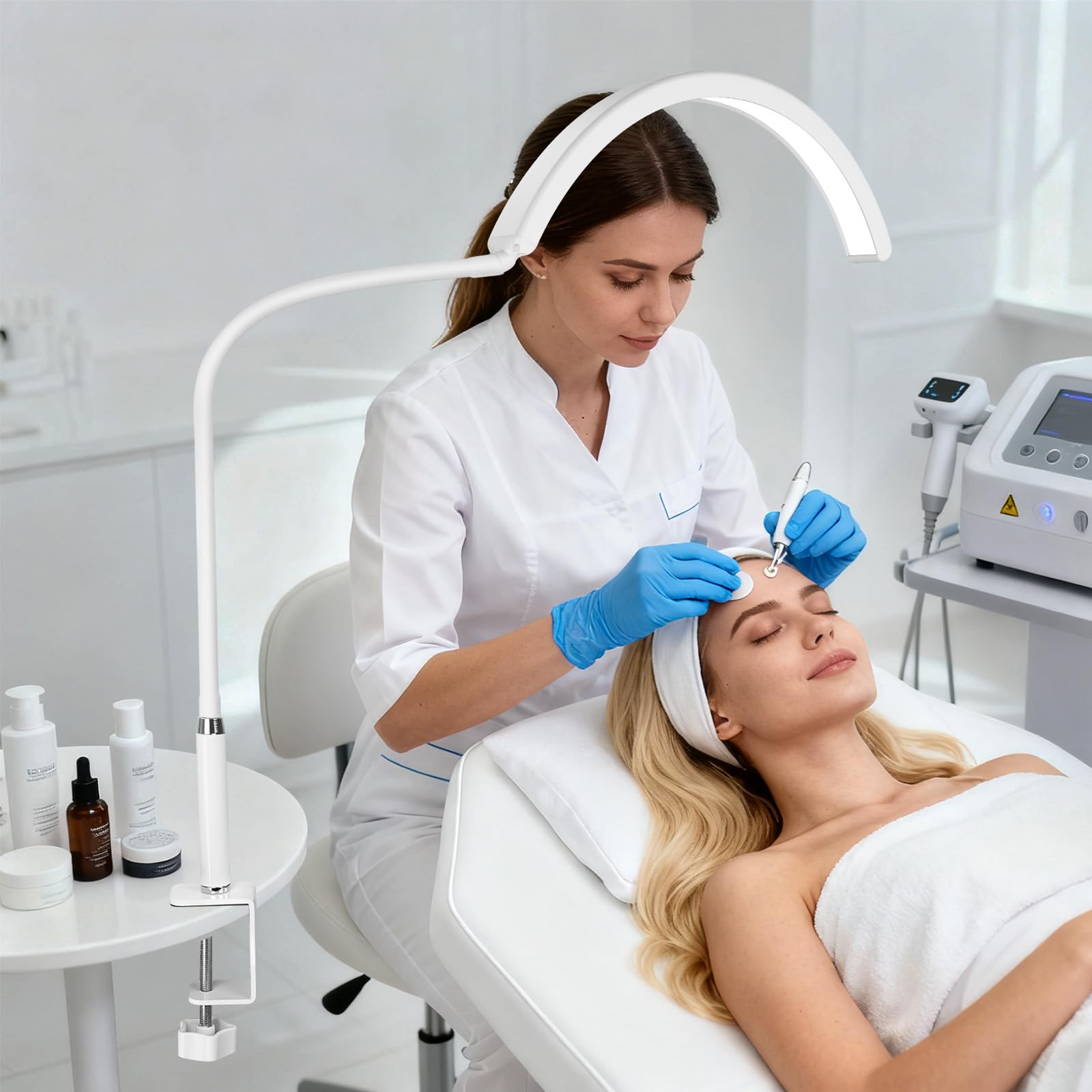 Lampada da scrivania professionale a LED a mezza luna per nail tech e artisti, lampada flessibile a collo di cigno con morsetto, 3 modalità di colore e 5 livelli di luminosità per manicure