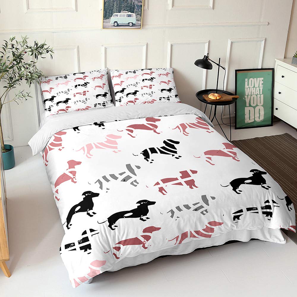 Set Biancheria Da Letto Matrimoniale In Microfibra 240x220 Cm - 3 Pezzi Con Copripiumino E 2 Federe, Stampa Bassotto A Fumetti, Ipoallergenico E Morbido
