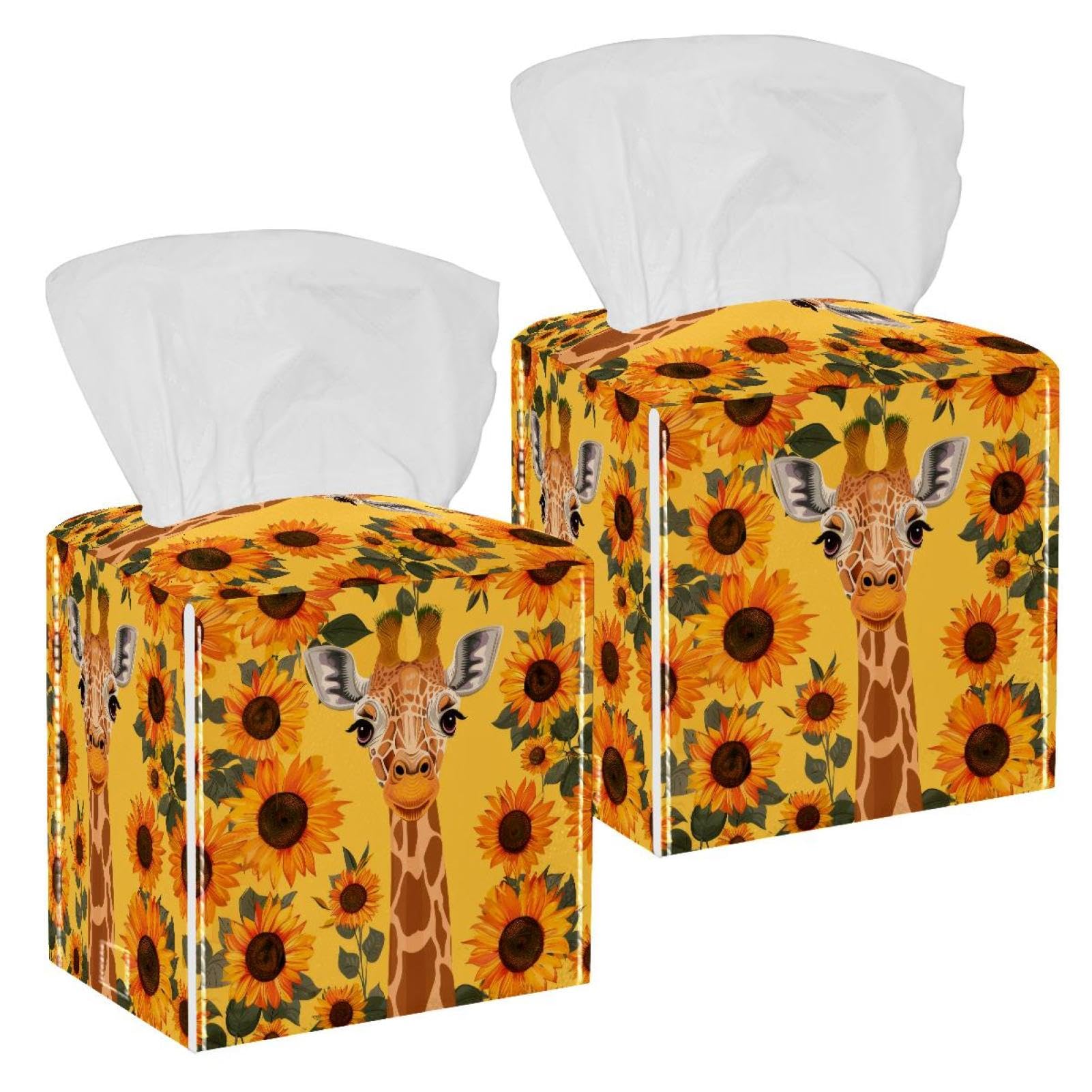 Giraffe Tissue Box Cover, 2 Pack PU Leather Square Facial Tissue Dispenser Box holder for Home Office Car